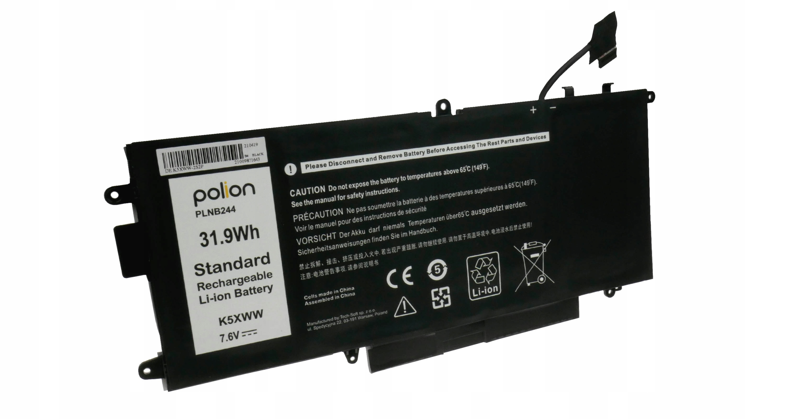 Czarna bateria do laptopa z etykietami ostrzegawczymi i danymi technicznymi.