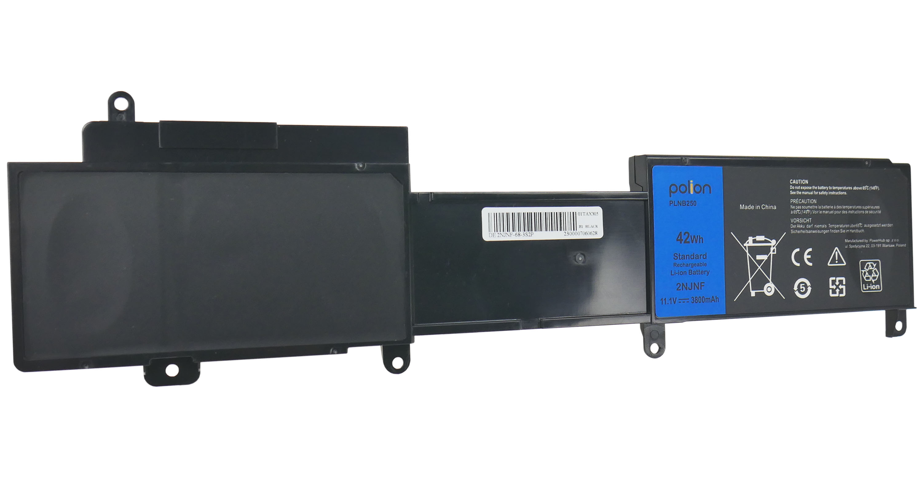 Czarna bateria do laptopa z etykietami i symbolami ostrzegawczymi.