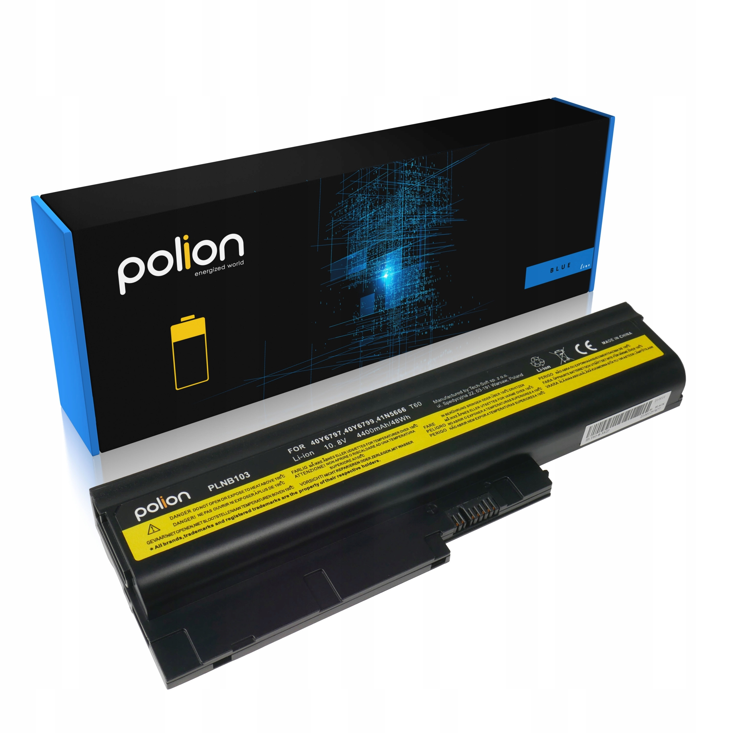 Czarna bateria do laptopa Polion obok niebieskiego opakowania.