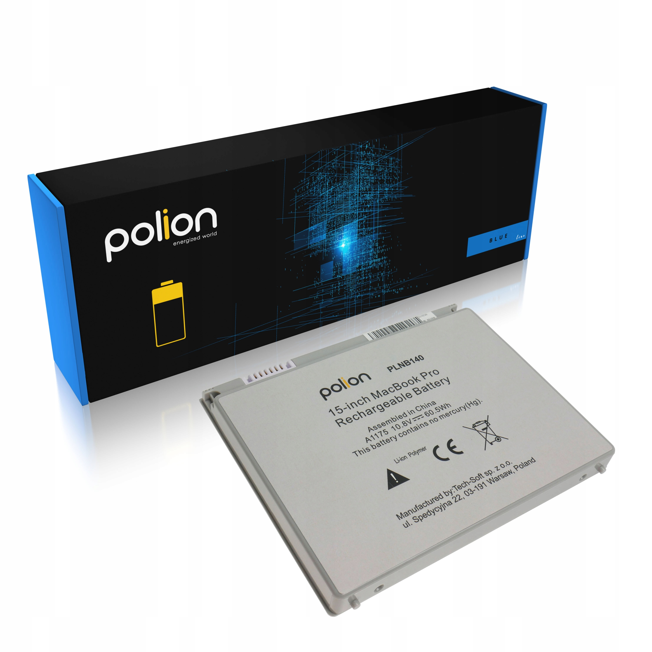 Szara bateria MacBook Pro z logo "Polon" i niebieskim opakowaniem.