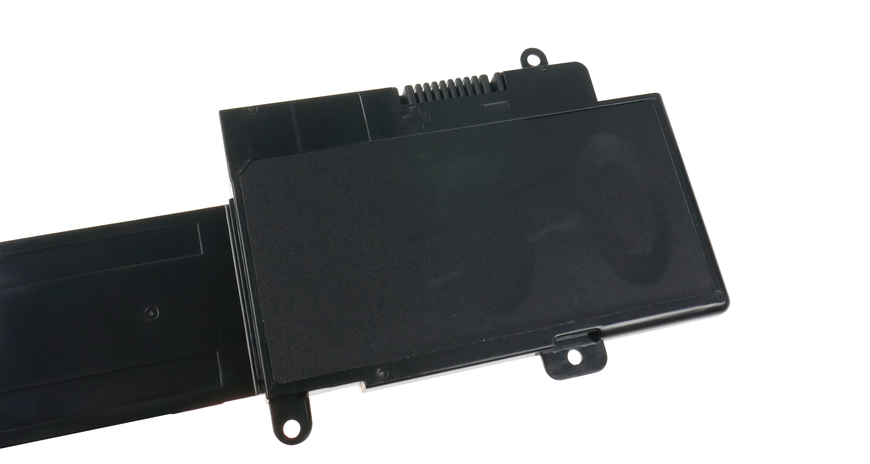 Czarna bateria do laptopa z kablem połączeniowym i mechanizmem zatrzaskowym.