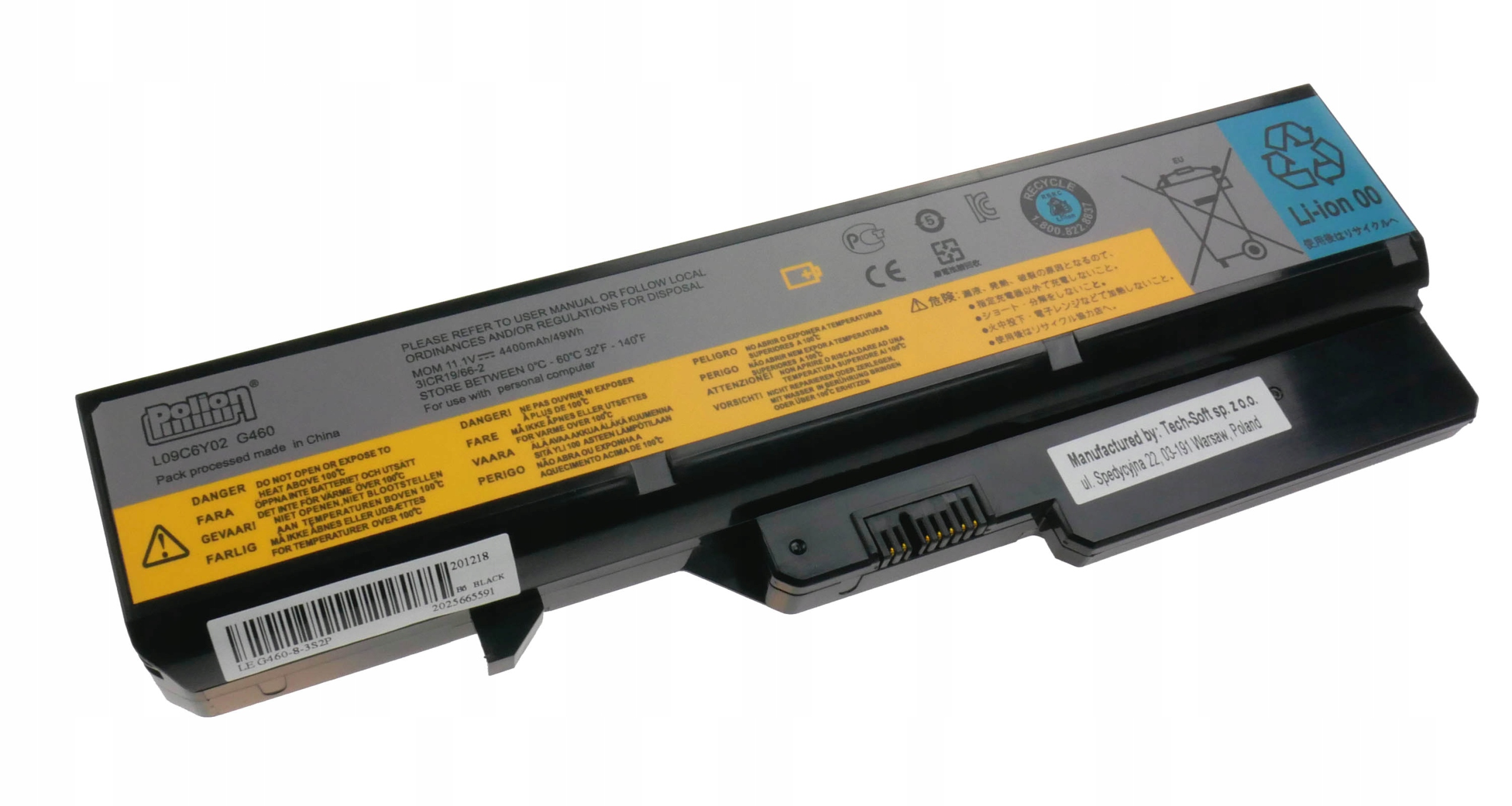 Czarny akumulator do laptopa z etykietami ostrzegawczymi i napisami.