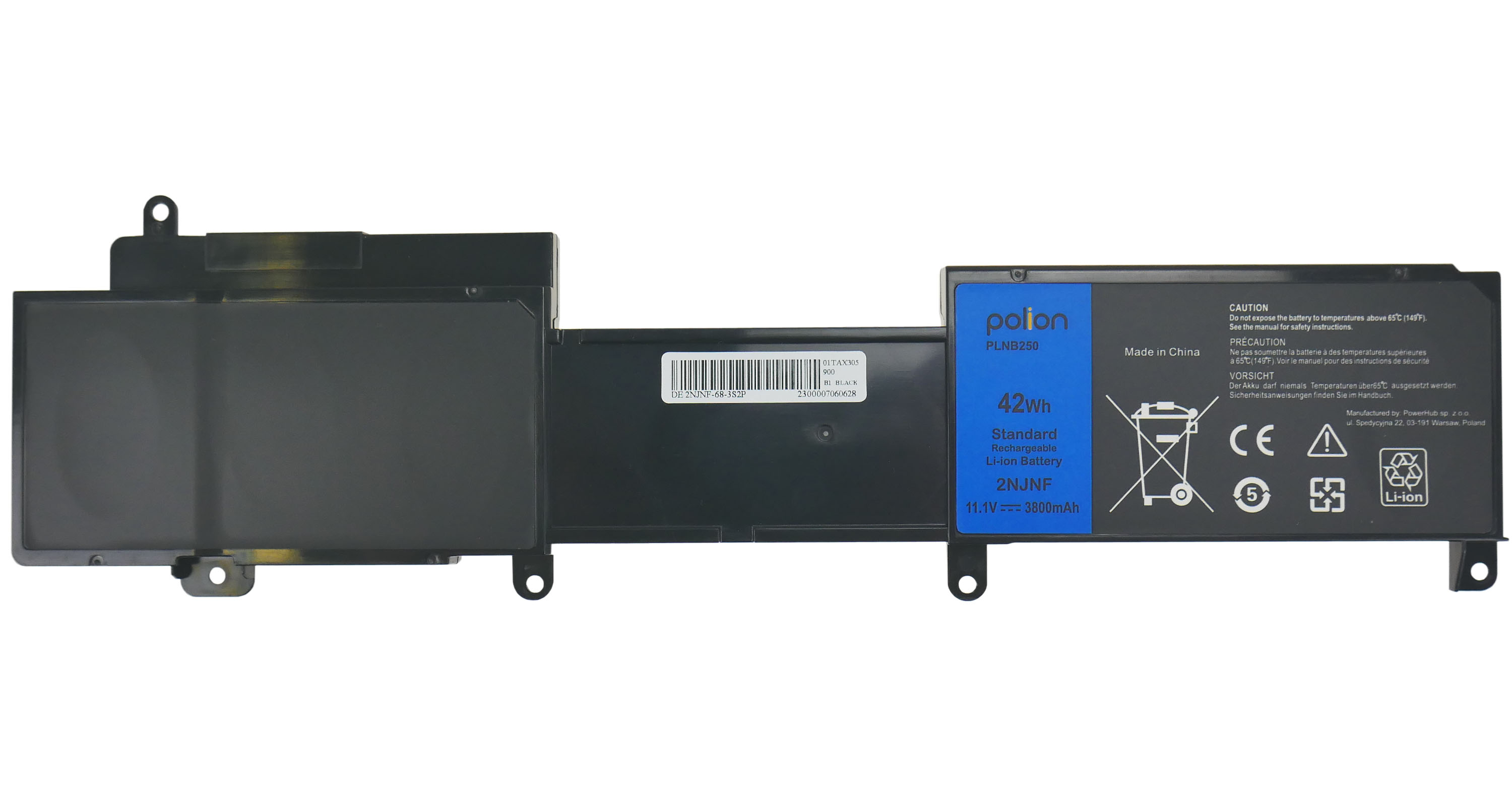 Czarna bateria do laptopa, 42Wh, 11.1V, 3800mAh, z symbolami ostrzegawczymi i znakiem CE.