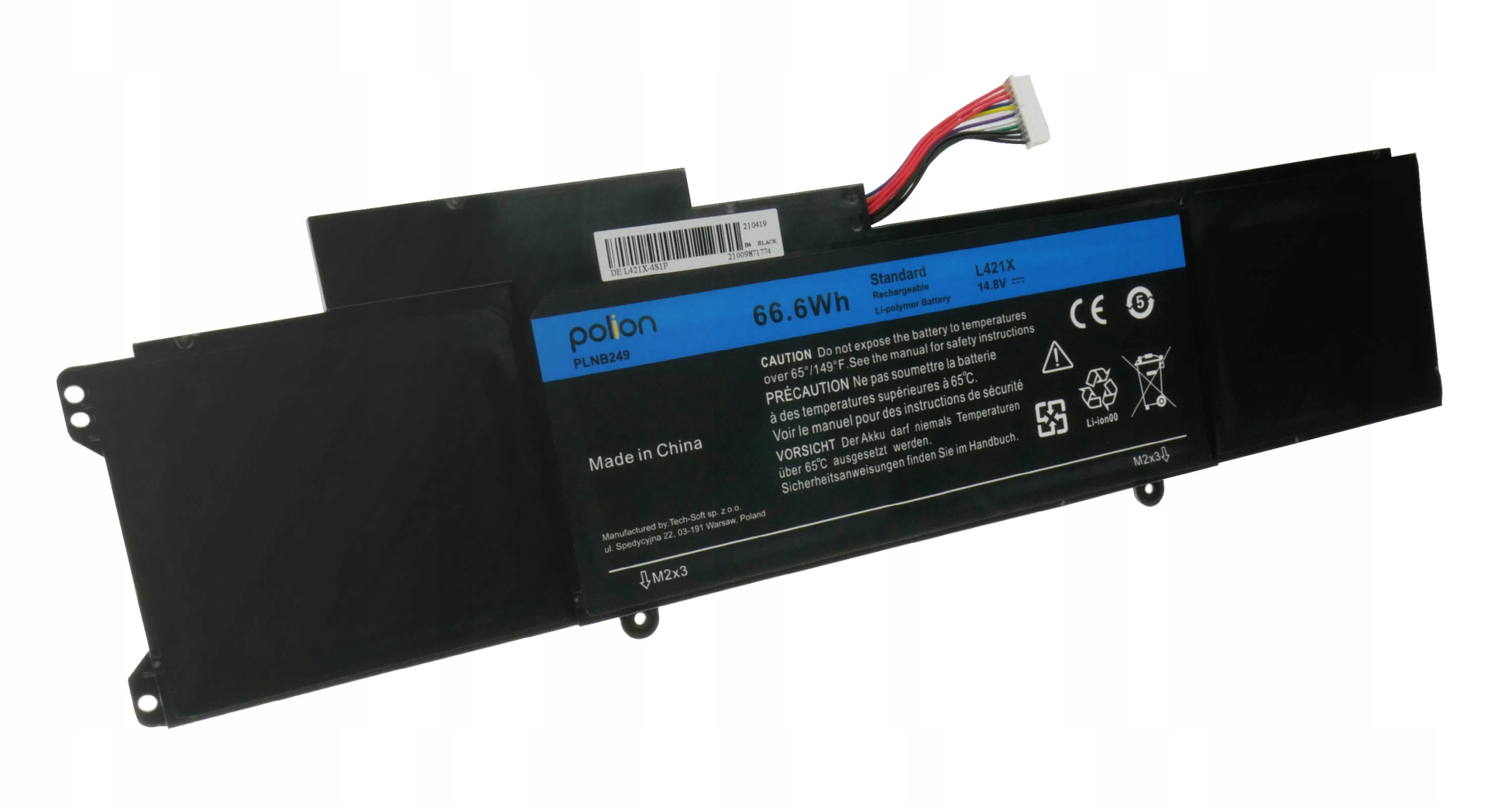 Czarna bateria do laptopa z kablem i etykietą specyfikacji.