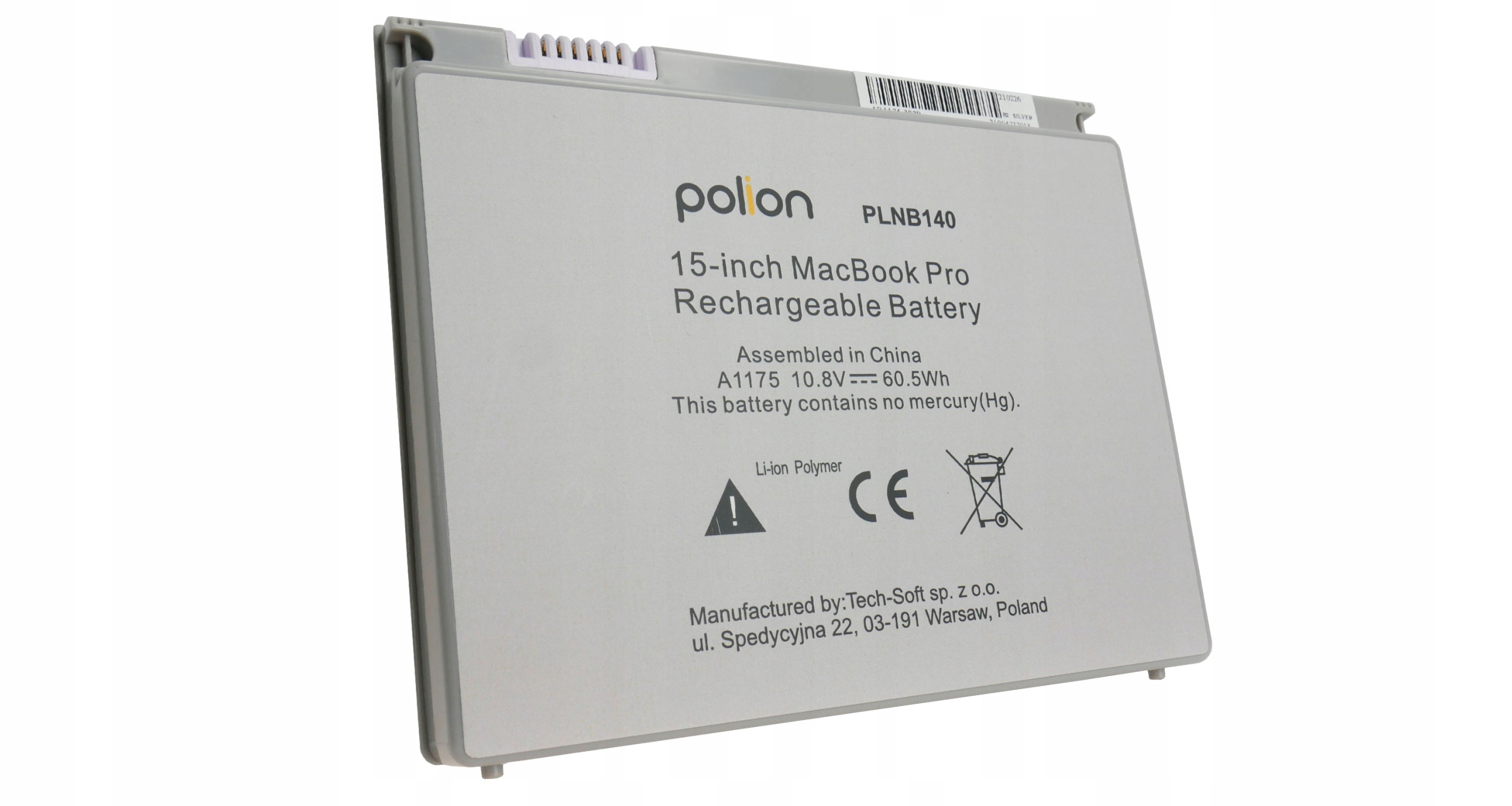 Bateria polon do MacBook Pro 15 cali z oznaczeniem CE i symbolem ostrzegawczym.