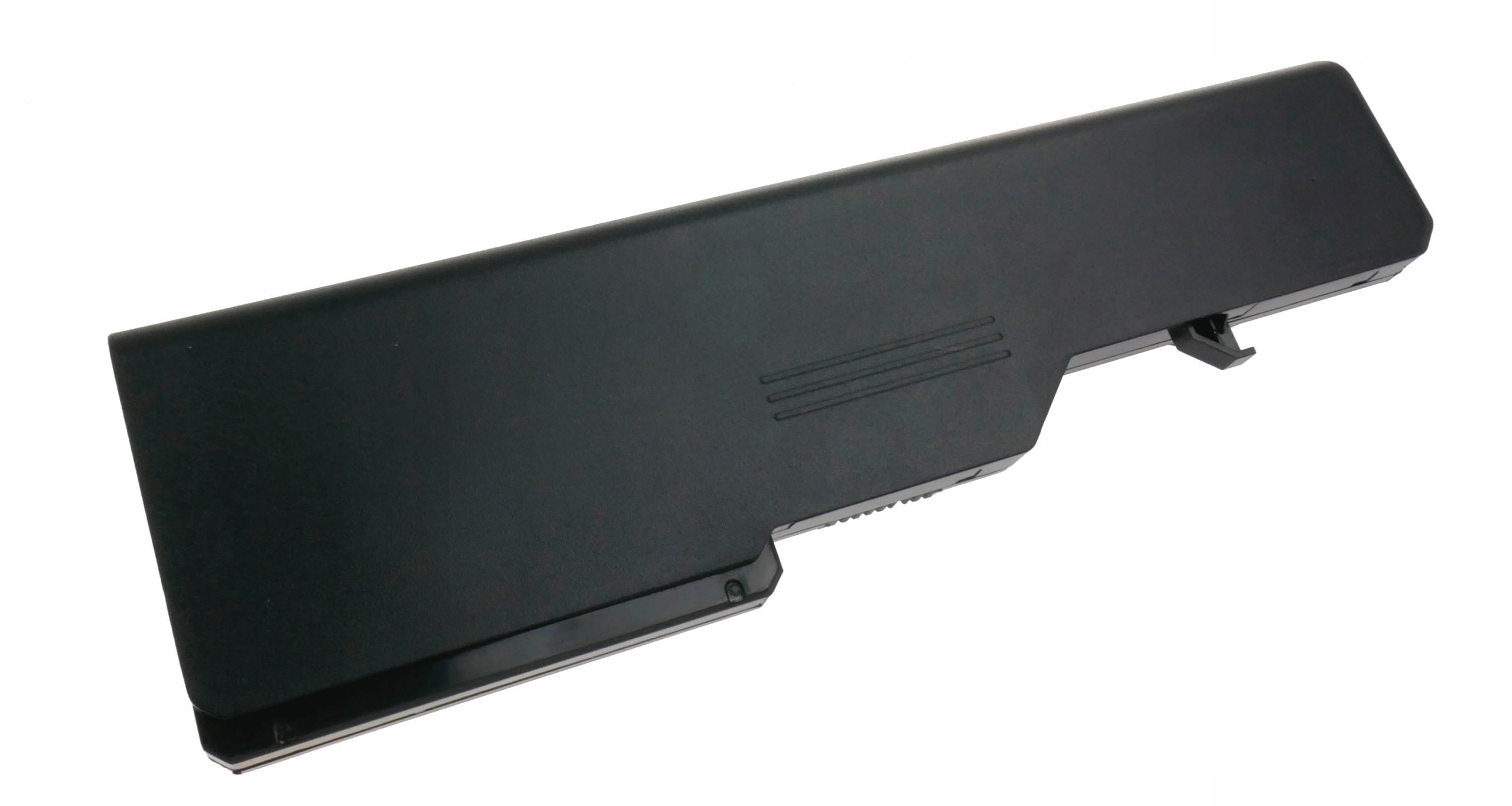 Czarna bateria do laptopa z trzema poziomymi liniami i mechanizmem blokującym.
