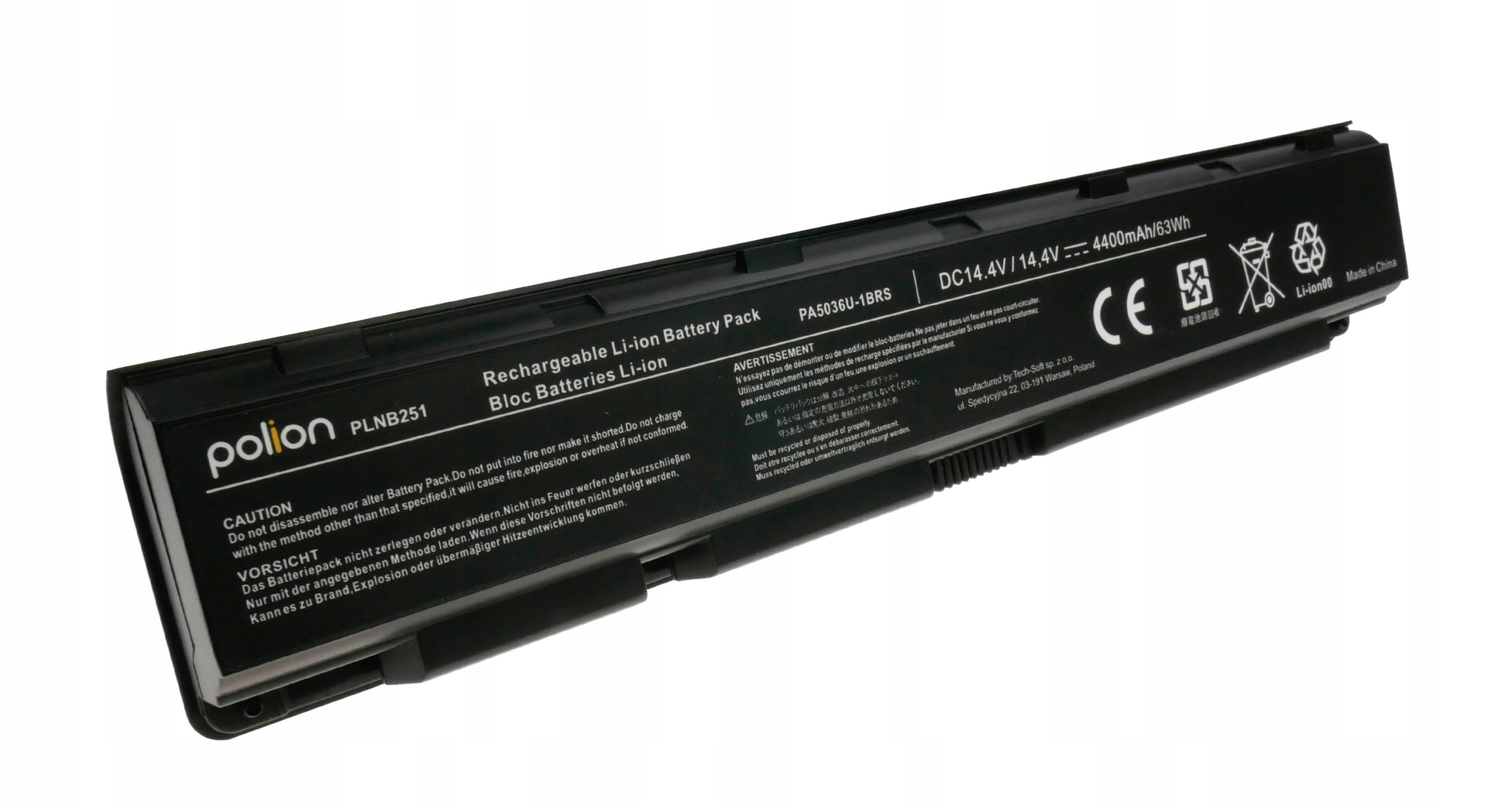 Czarny akumulator Li-ion, model PLNB251, 14.4V, 4400mAh, z ostrzeżeniami.