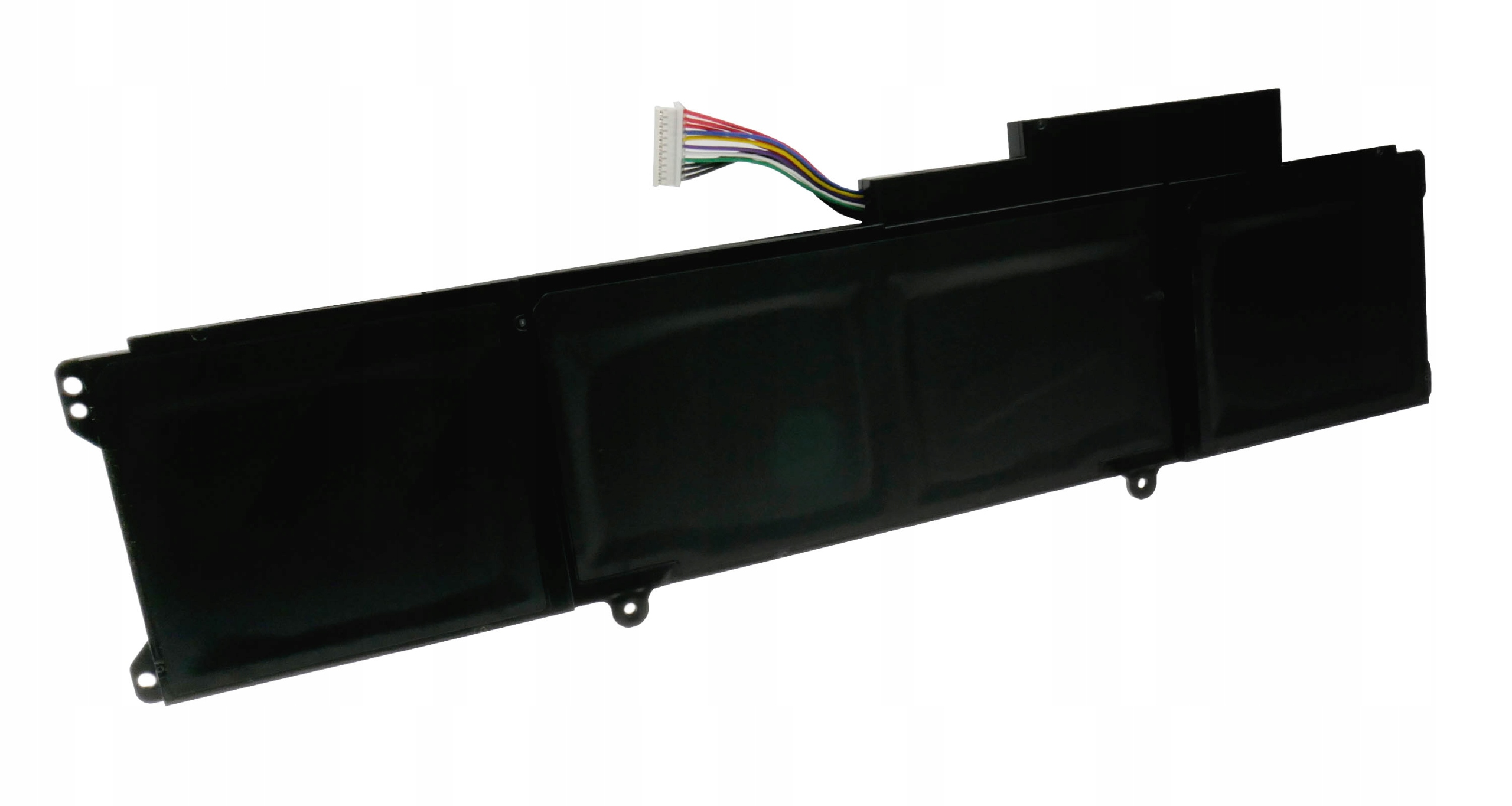 Czarna bateria do laptopa z przewodami i białym złączem.