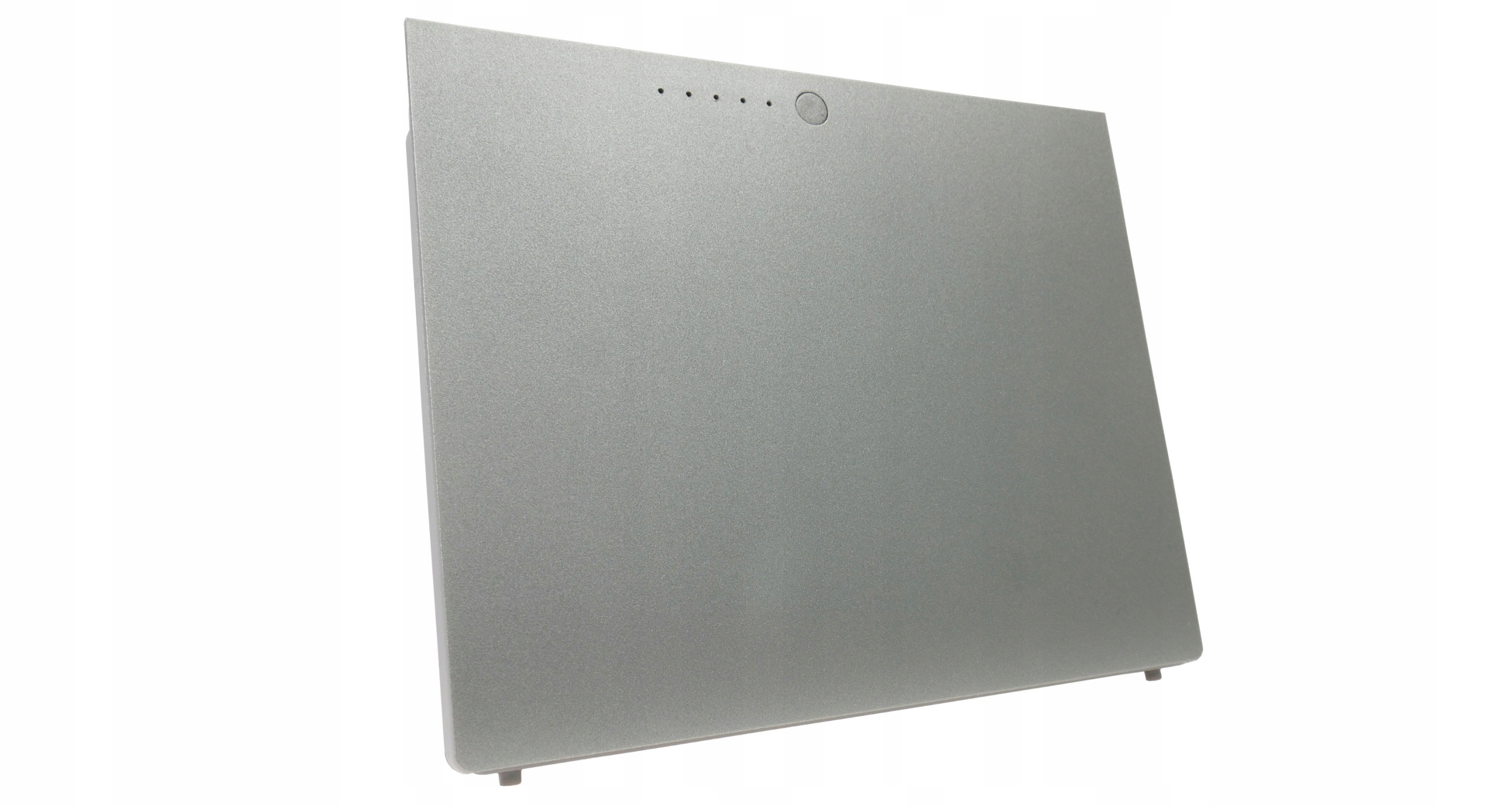 Srebrna obudowa laptopa z czterema wskaźnikami i przyciskiem zasilania.