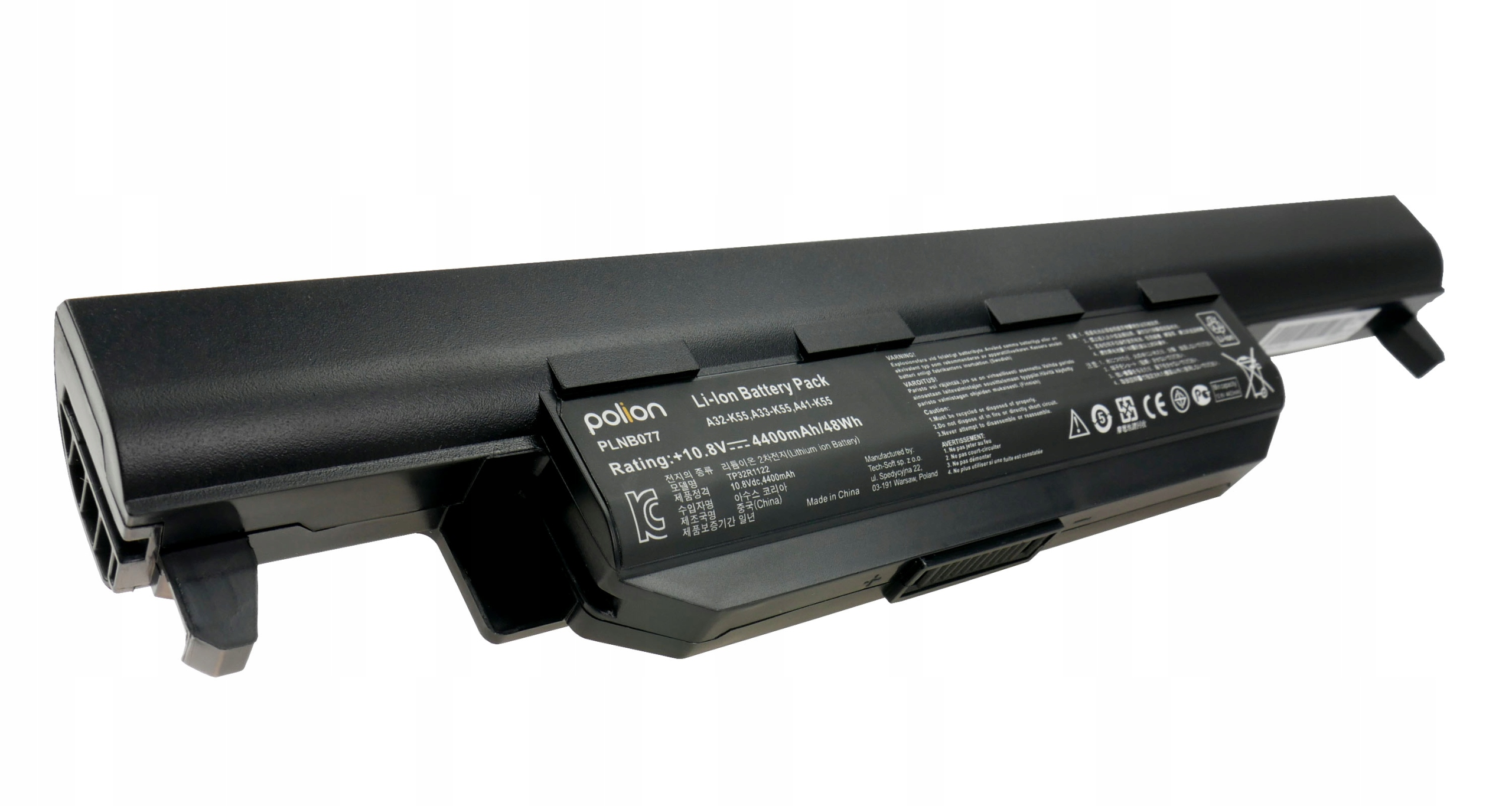 Czarny akumulator Li-Ion, model PLNB077, 10.8V, 4400mAh. Zawiera ostrzeżenia.