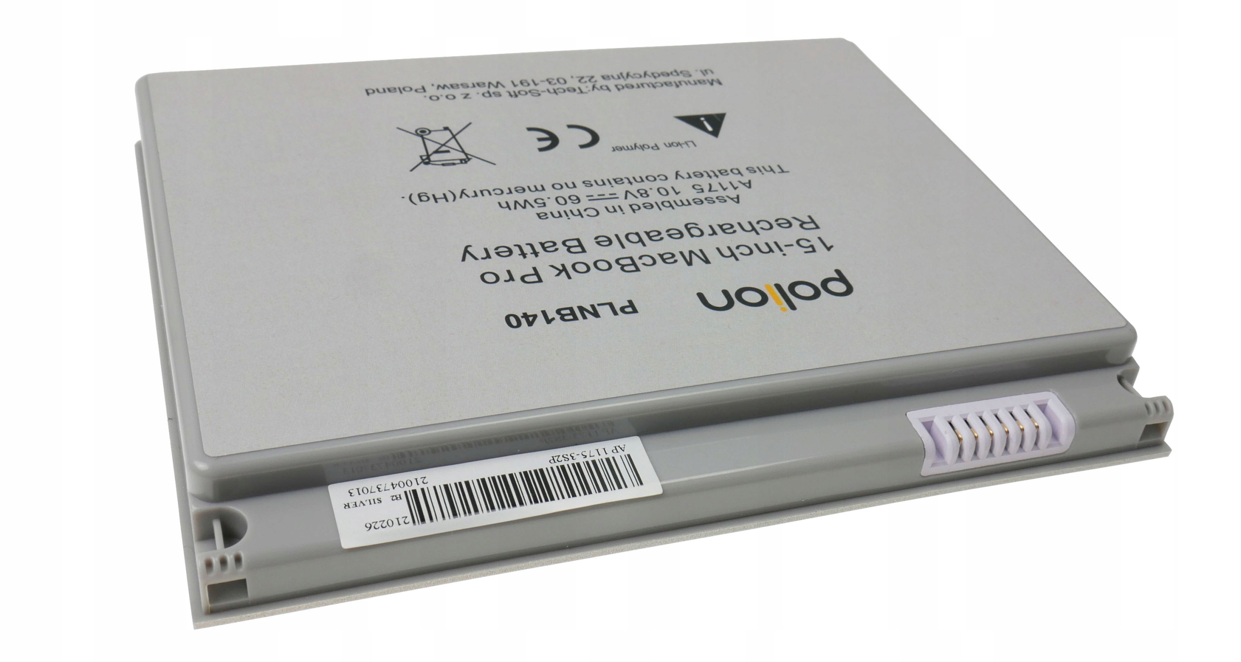 Szara bateria MacBook Pro z tekstem i kodem kreskowym.