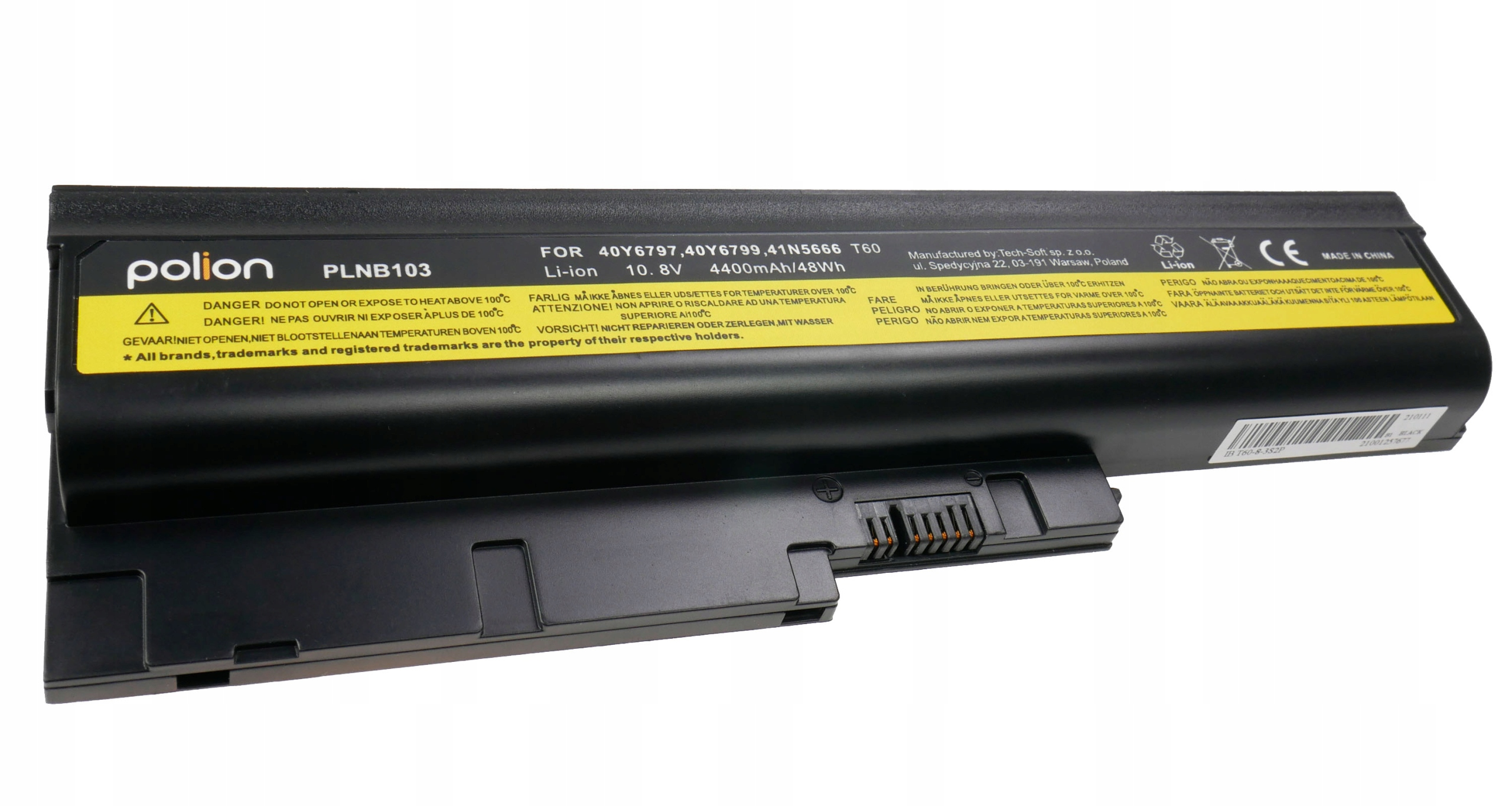 Czarna bateria do laptopa marki Polion, model PLNB103, z etykietami ostrzegawczymi.