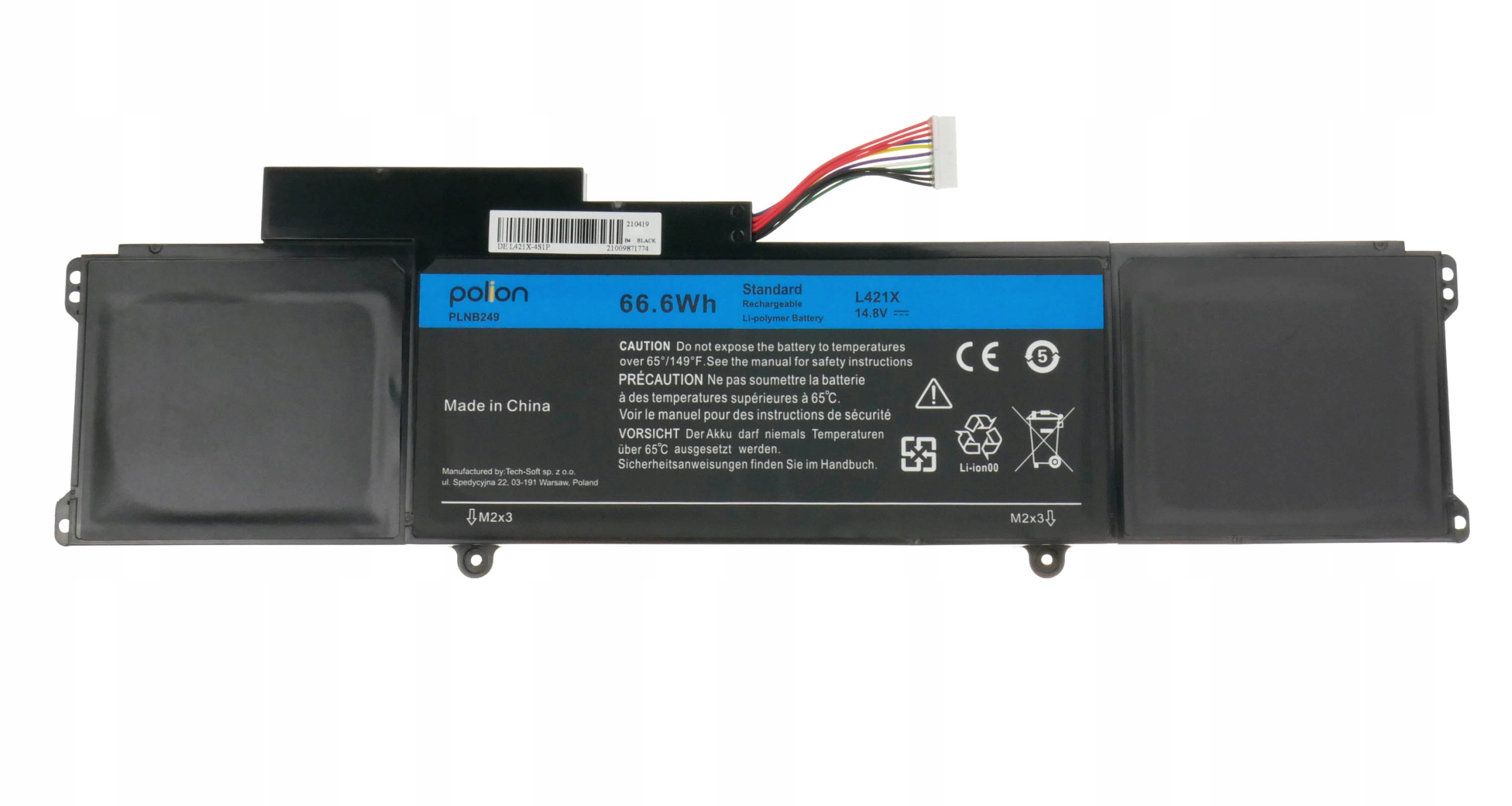 Czarny akumulator do laptopa, 66,6 Wh, 14,8 V, z oznaczeniem CE i przewodami.