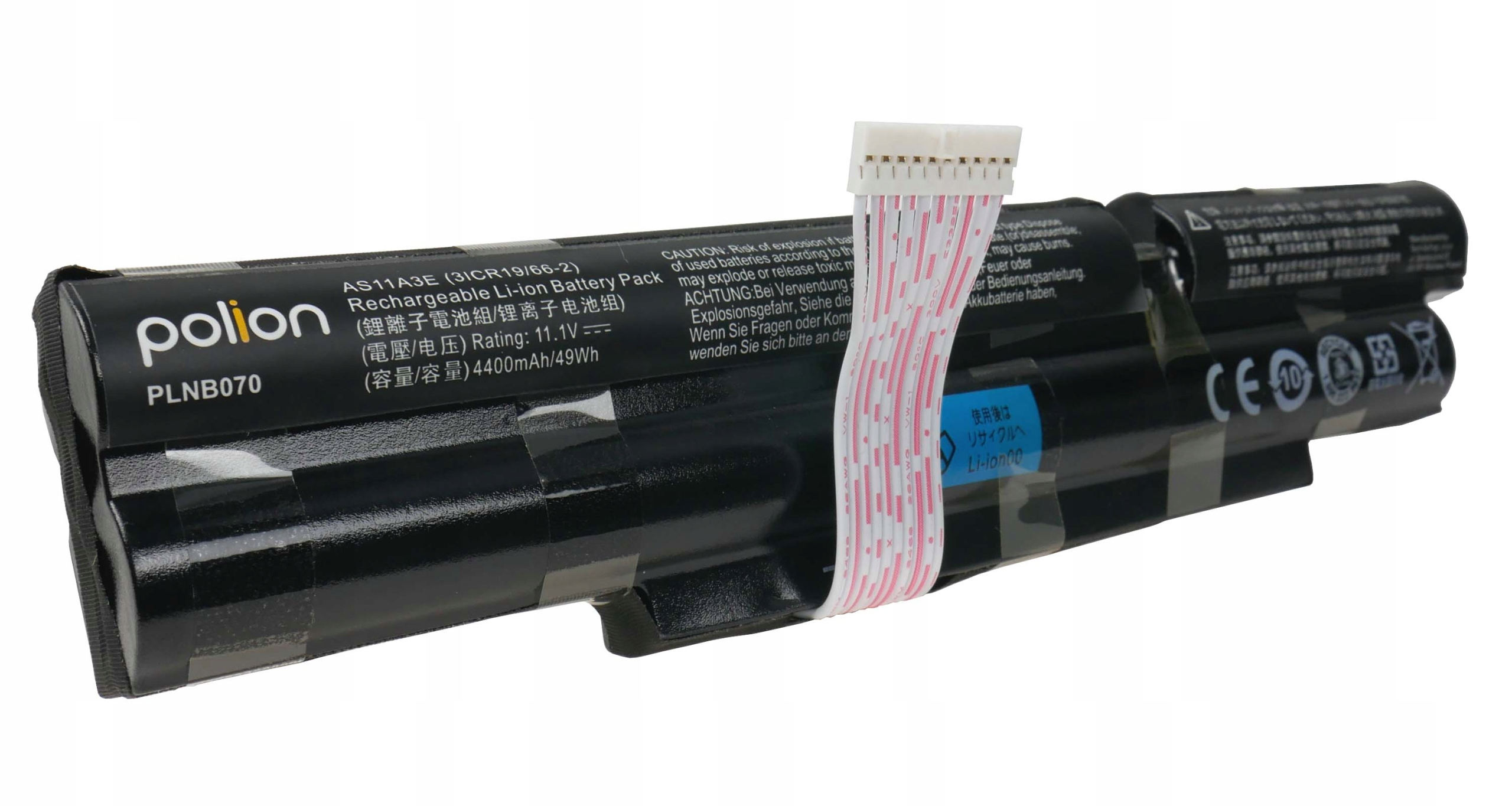 Czarny akumulator litowo-jonowy z białym kablem połączeniowym i etykietami.