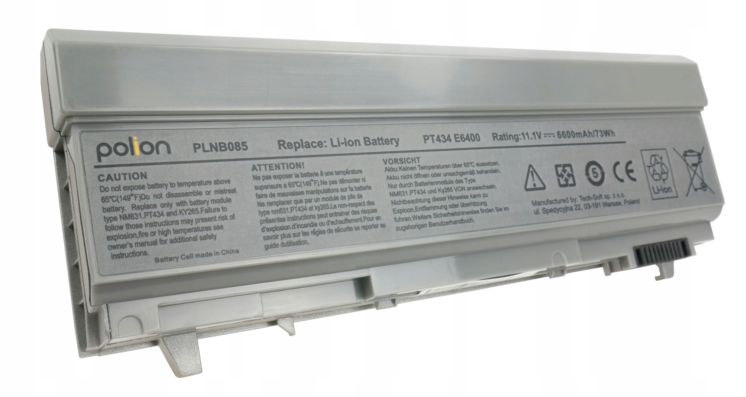 Szary akumulator Li-ion z napisem: Polon, PLNB085, PT434 E6400, 11.1V 6600mAh.