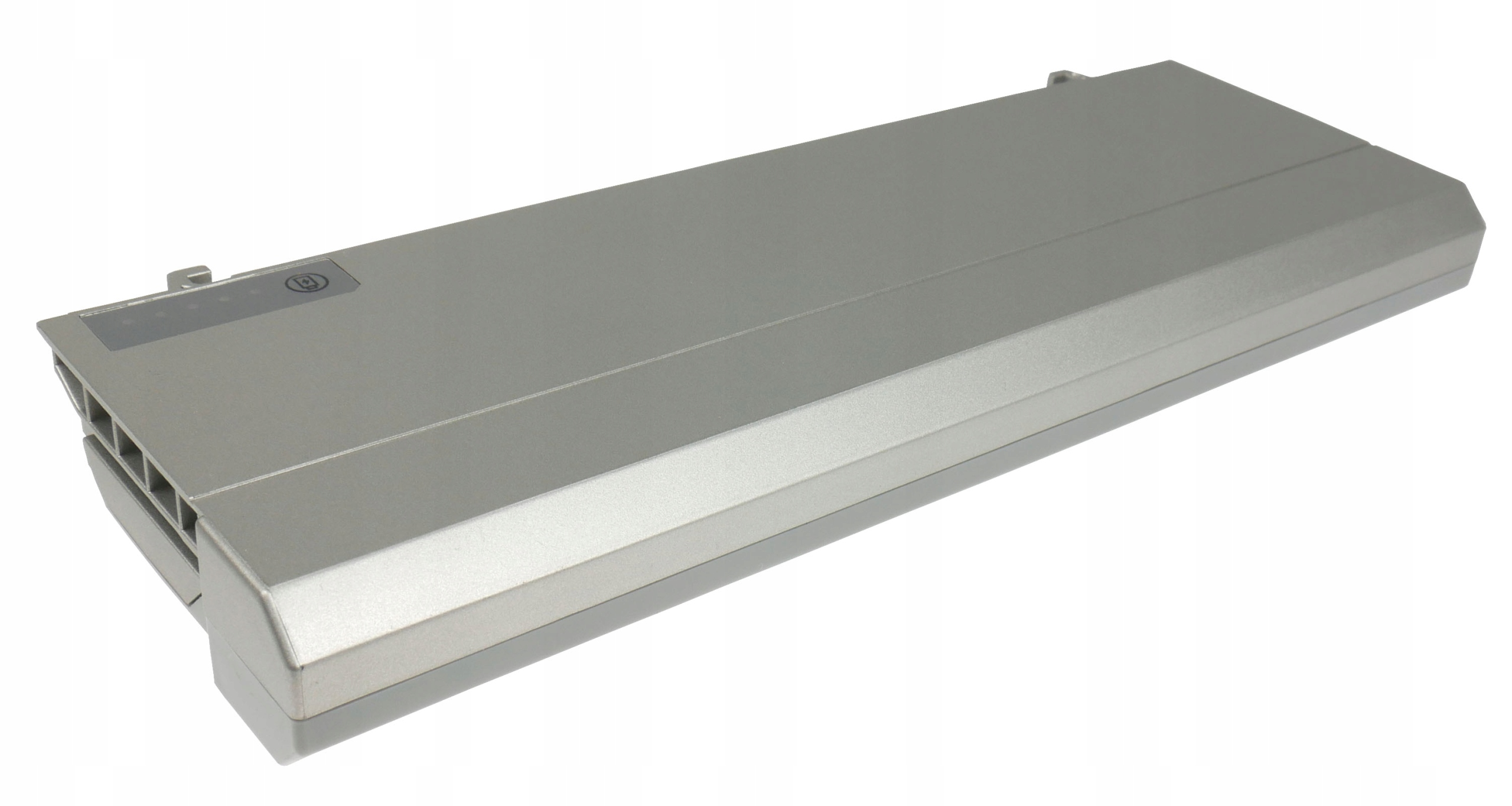 Szara bateria do laptopa ze wskaźnikiem naładowania i otworami wentylacyjnymi.