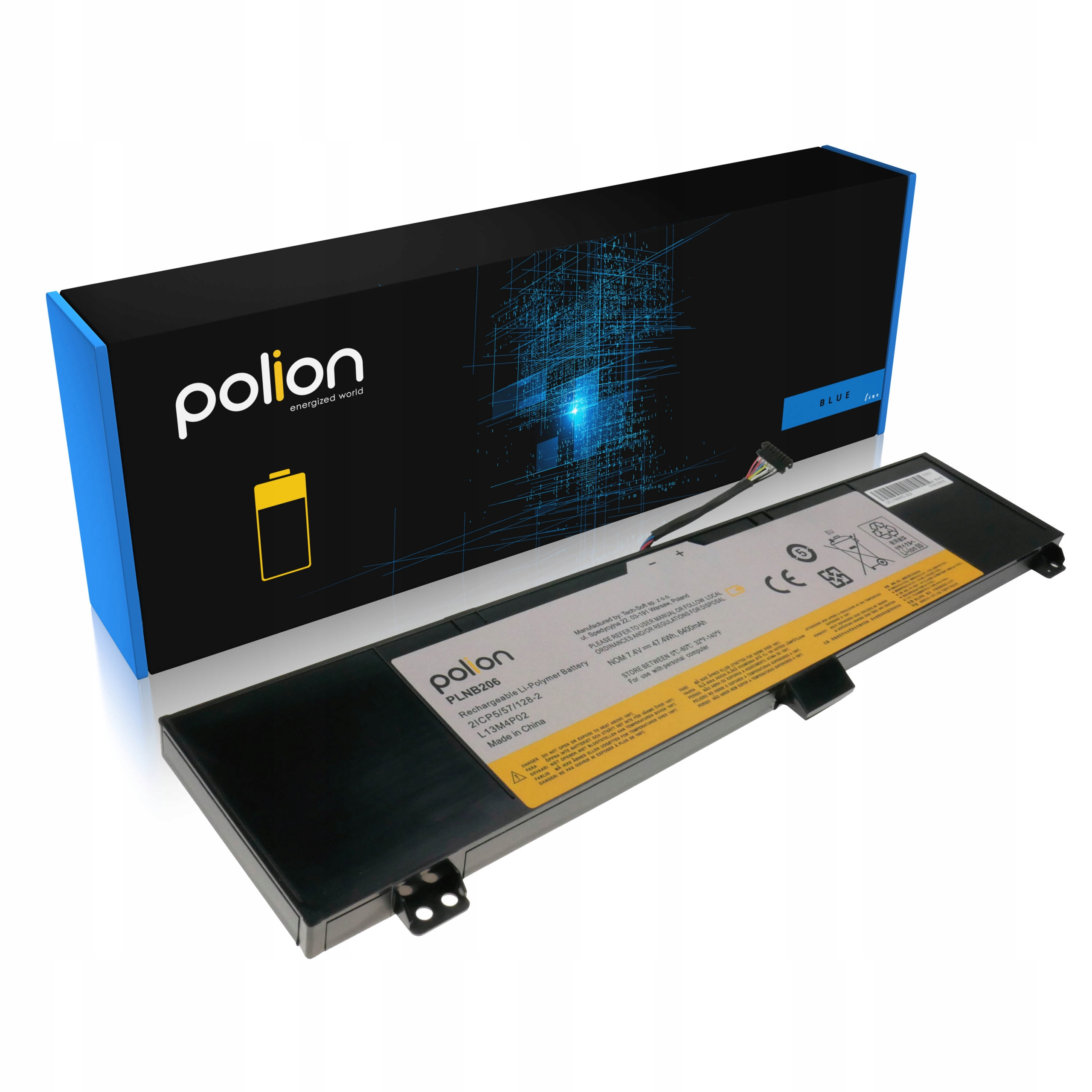 Czarna bateria do laptopa z kablem leży przed niebiesko-czarnym pudełkiem.