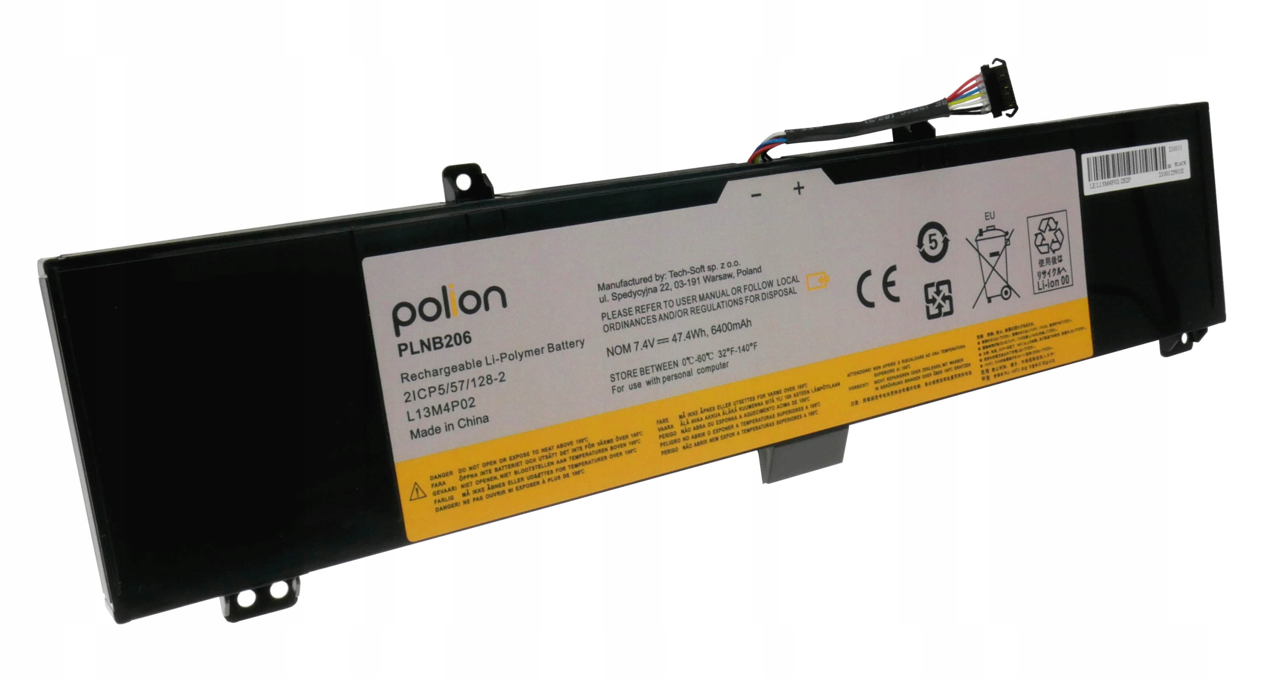 Czarna bateria do laptopa z logo POLON, 7.4V, 47.4Wh, 6400mAh.