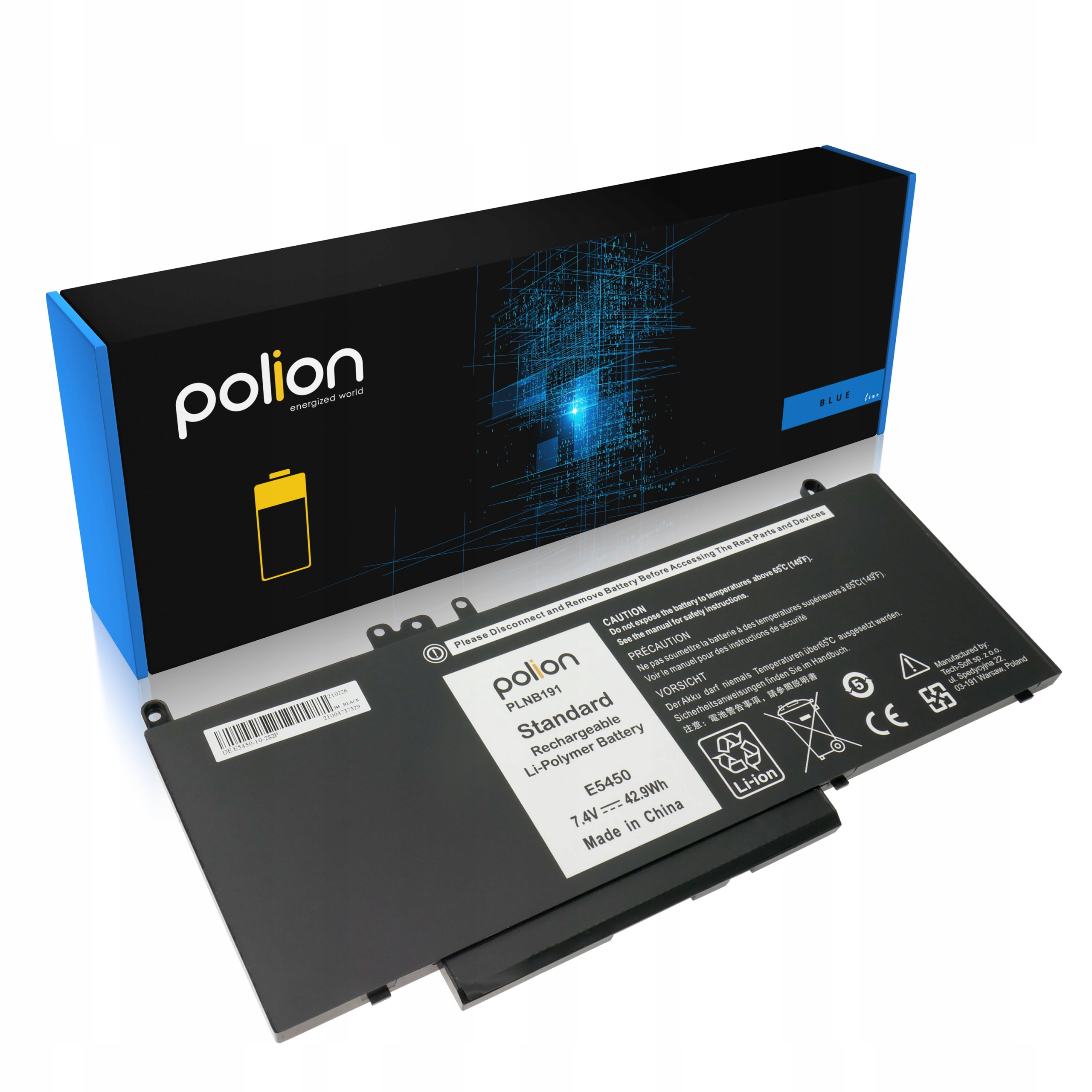 Czarna bateria do laptopa z logo Polion i specyfikacją, na opakowaniu.