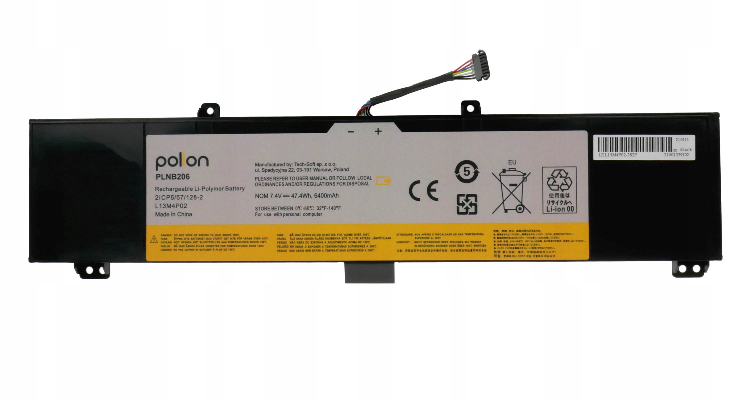 Czarna bateria do laptopa z etykietami i złączami, model PLNB206.