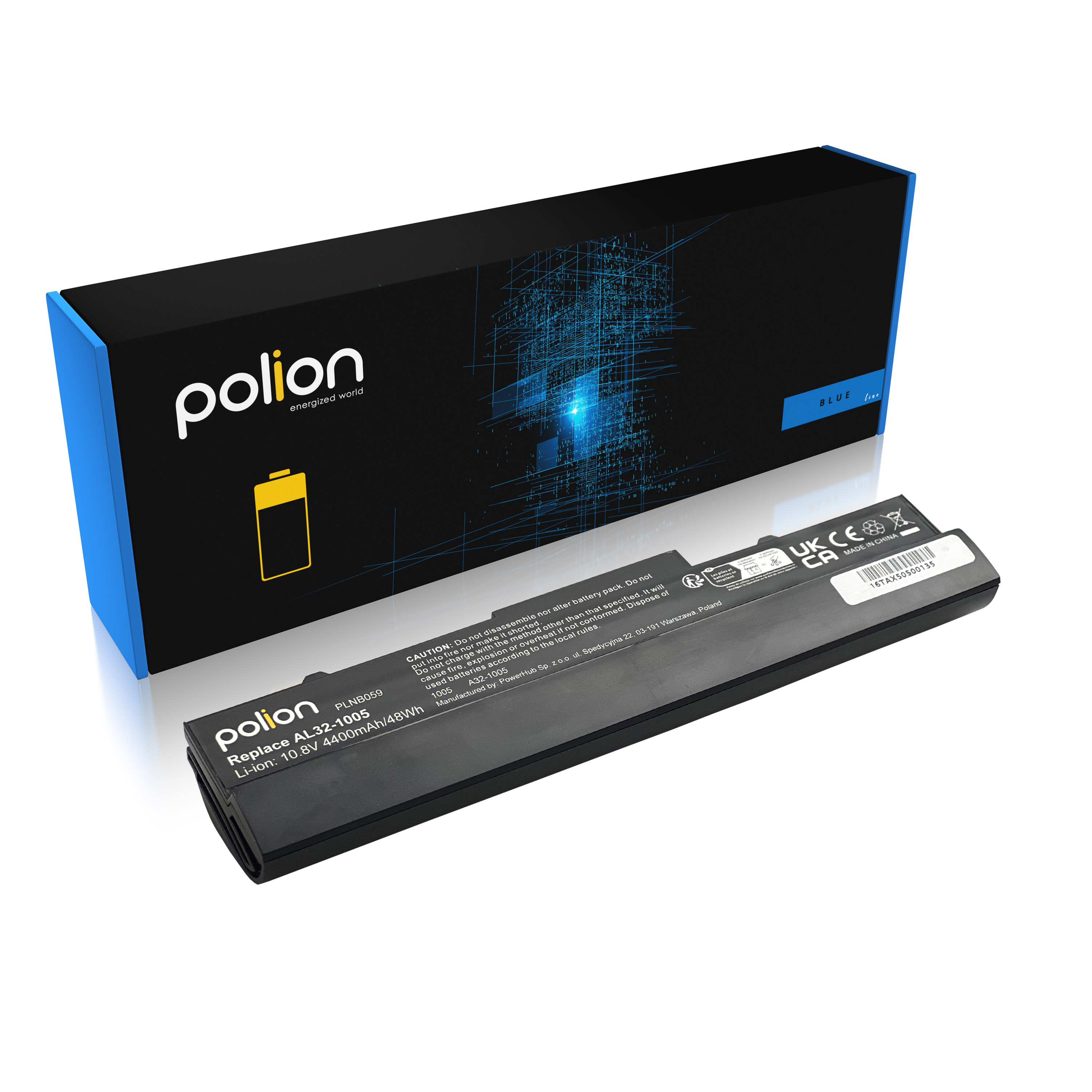 Czarna bateria do laptopa z niebieskim opakowaniem. Wydrukowane szczegóły.