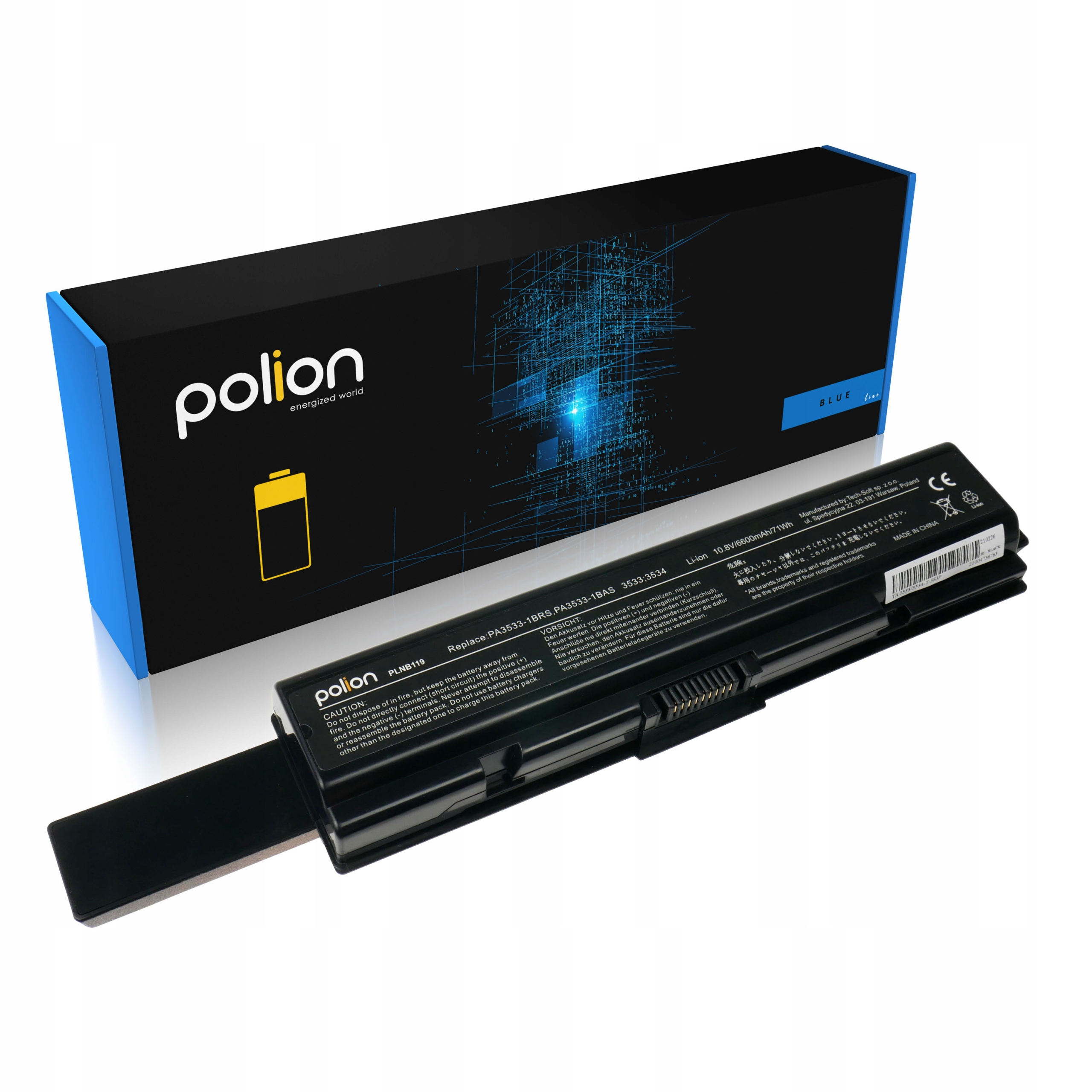 Bateria do laptopa z logo polion i detalami technicznymi na czarnym opakowaniu.