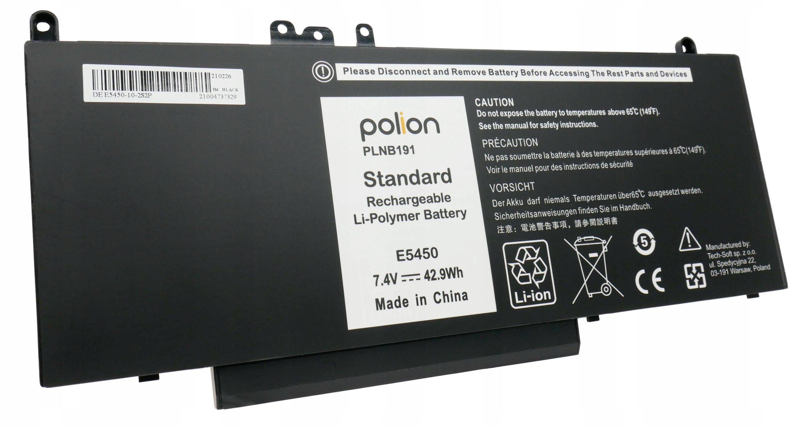 Czarna bateria Li-Polymer, model E5450, 7.4V, 42.9Wh, Made in China.