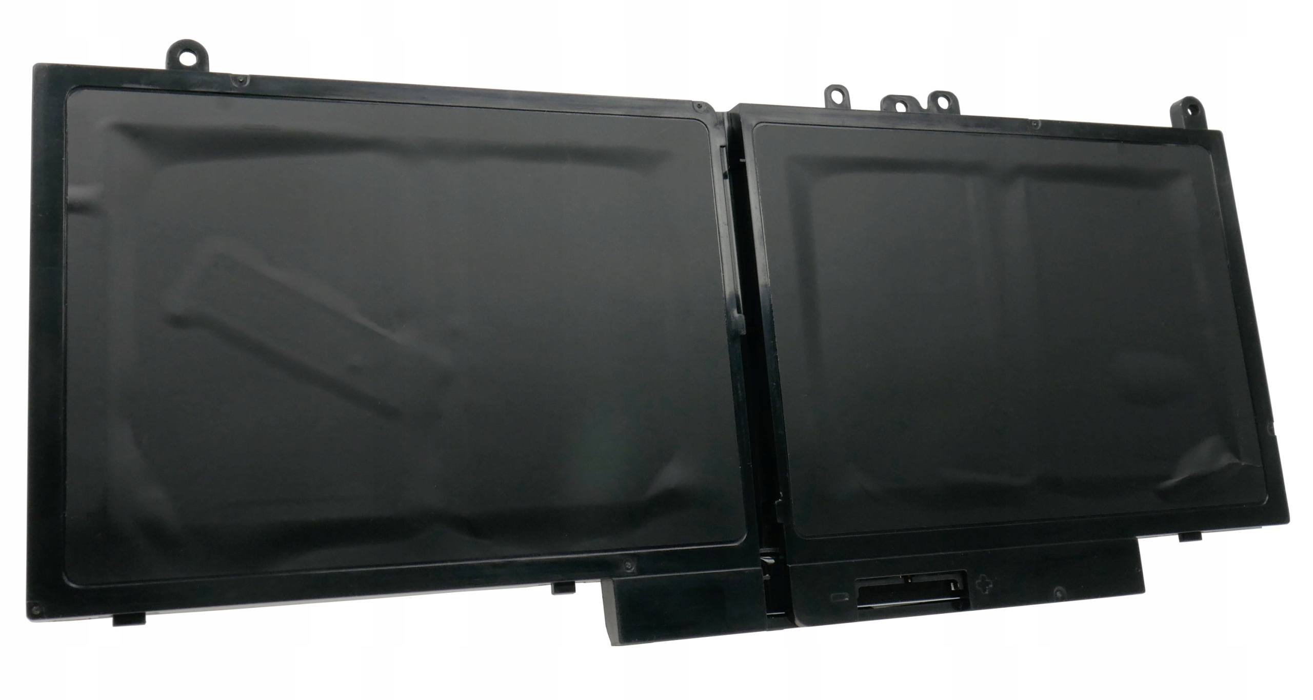 Czarny akumulator do laptopa z dwoma ogniwami i otworami montażowymi.