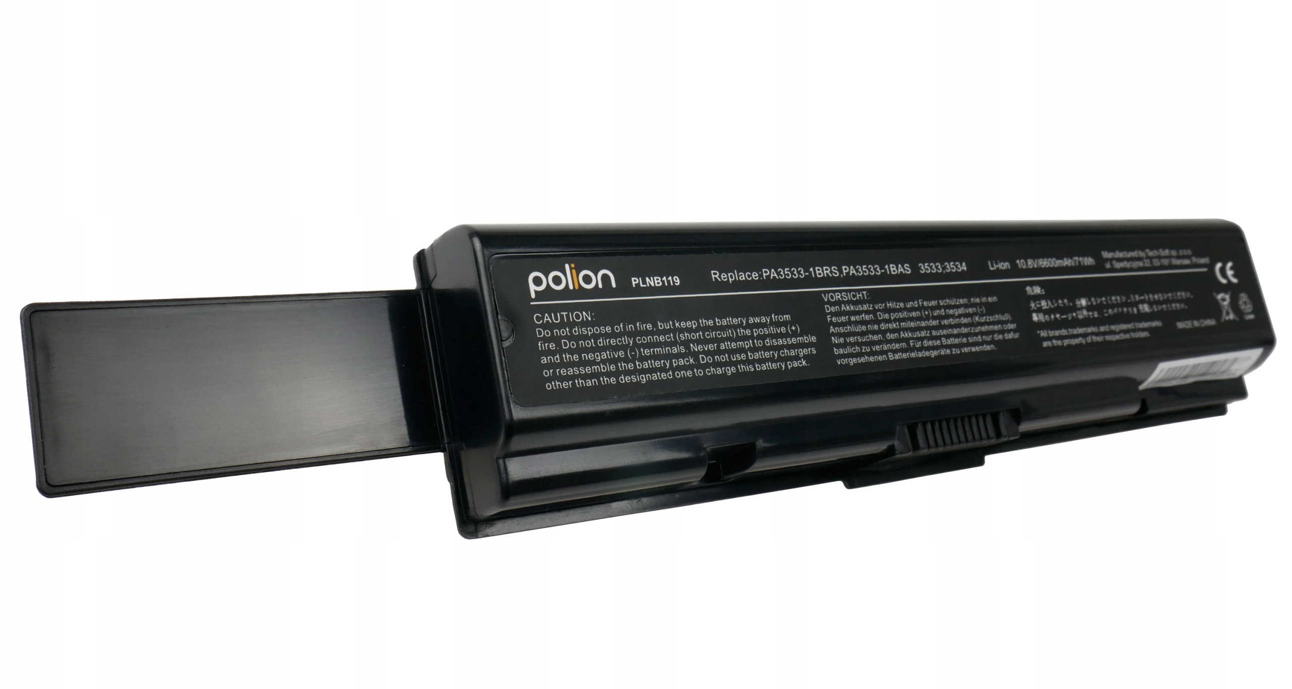 Czarna bateria do laptopa, model PLNB119. Wydrukowany tekst ostrzegawczy.