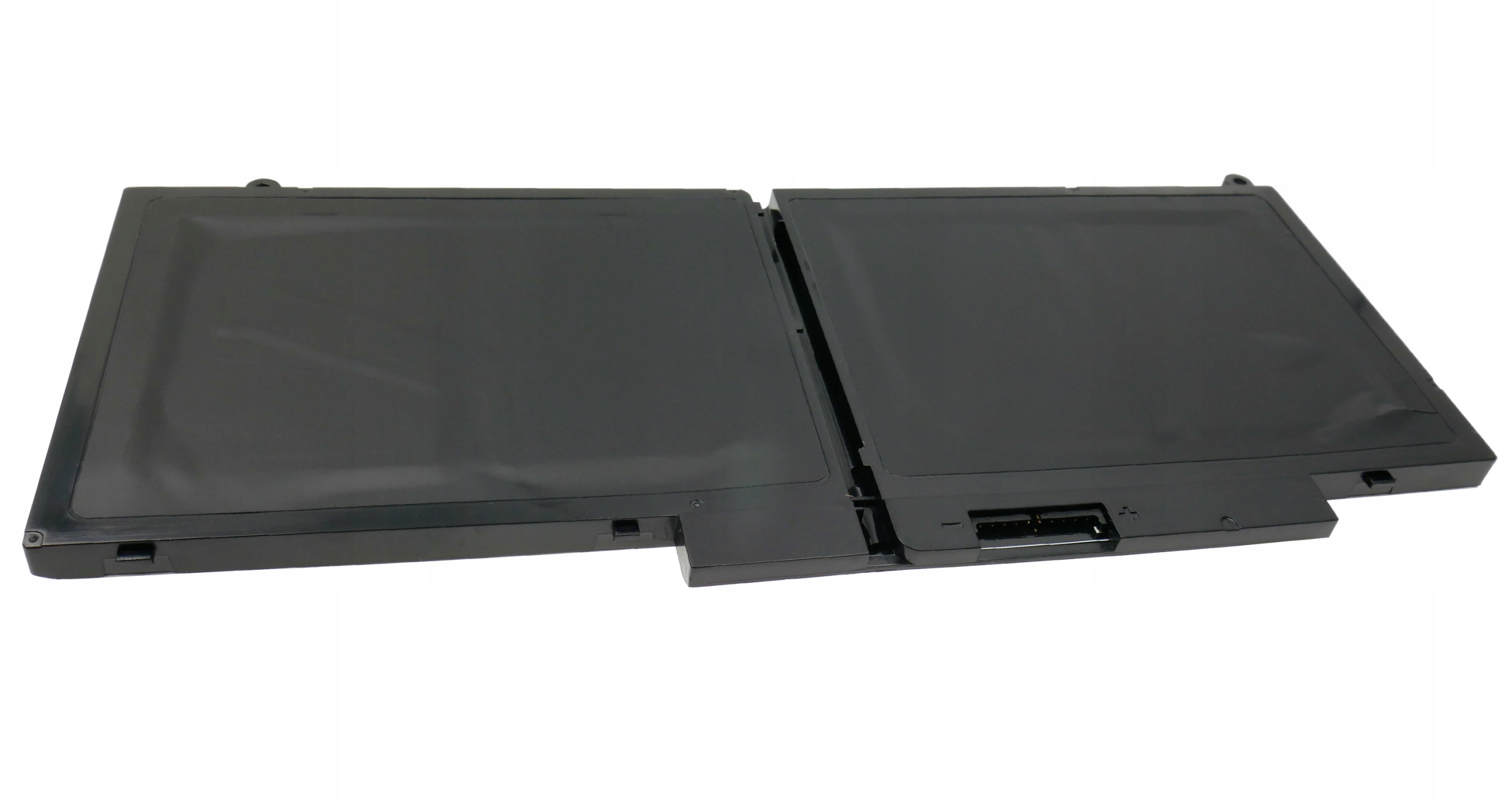 Czarna, dwuczęściowa bateria do laptopa z złączami.