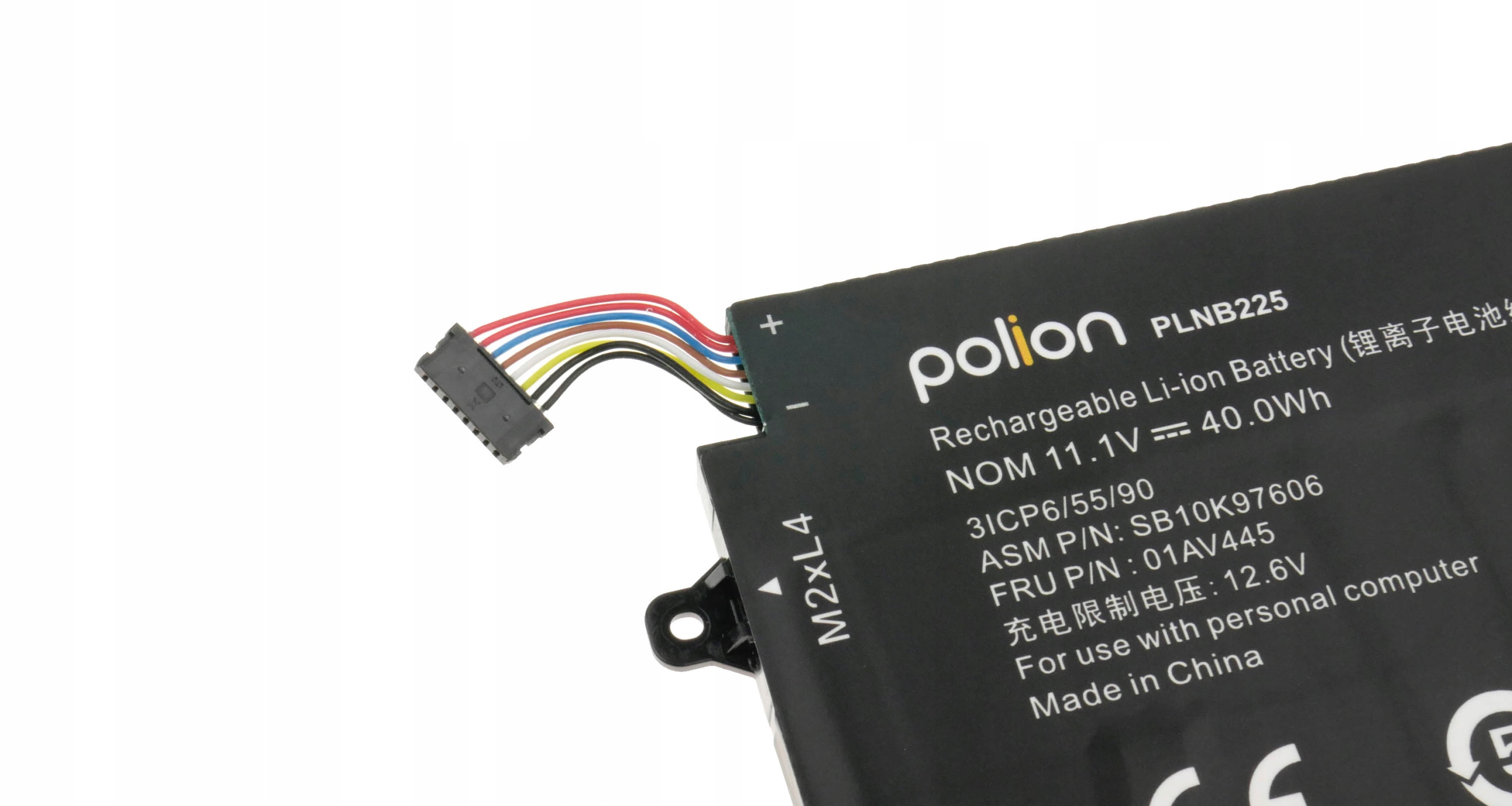 Czarna bateria laptopa z kablami i etykietami: Polion PLNB225, 40.0Wh.