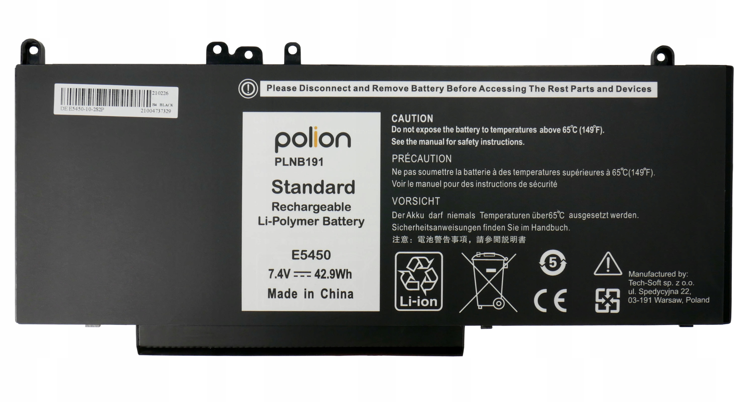 Czarna bateria Li-Polimerowa do E5450, 7.4V, 42.9Wh, Wyprodukowano w Chinach. Z ostrzeżeniami.