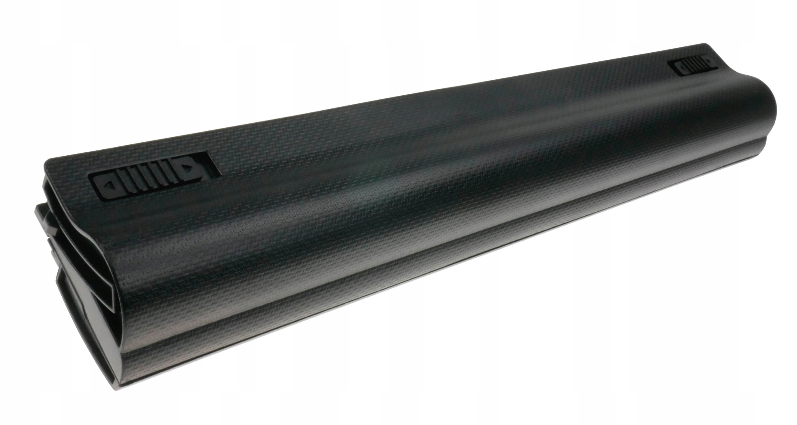 Czarna bateria do laptopa z teksturowaną obudową i otworami wentylacyjnymi.