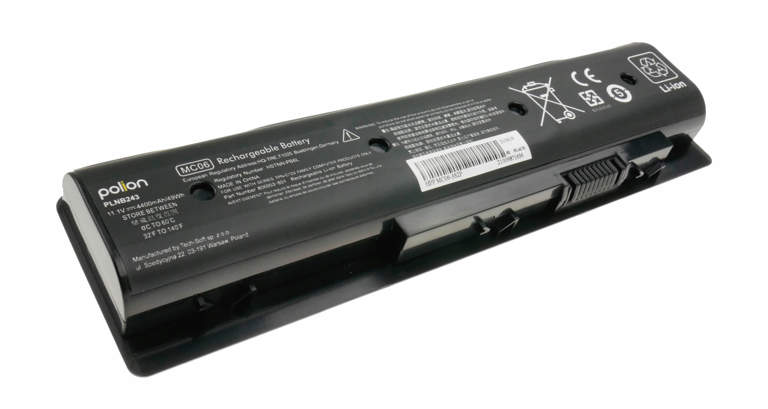 Czarna bateria Li-ion, model PLNB243, 11.1V 4400mAh, z logo CE i recyklingu.