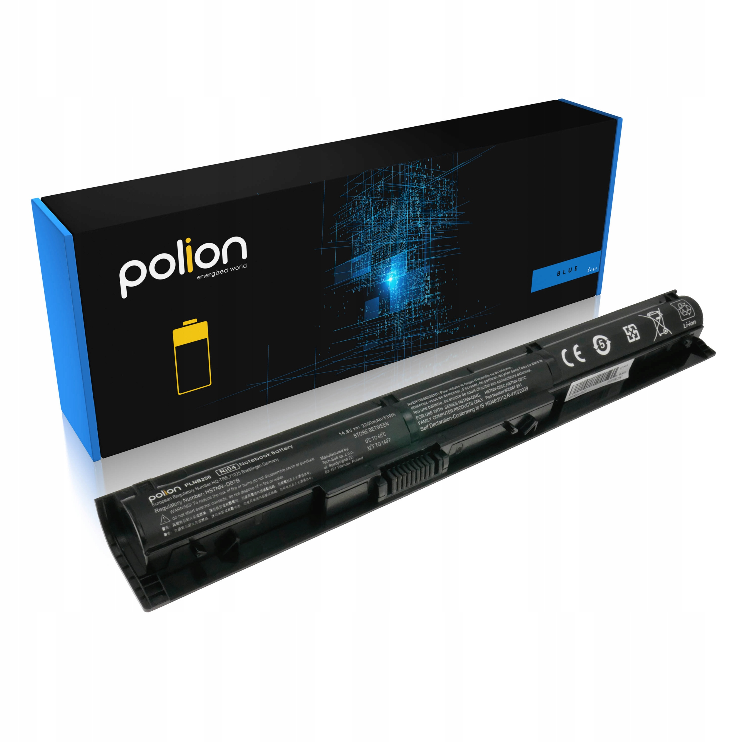 Bateria do laptopa i jej niebieskie opakowanie z cyfrowym wzorem.