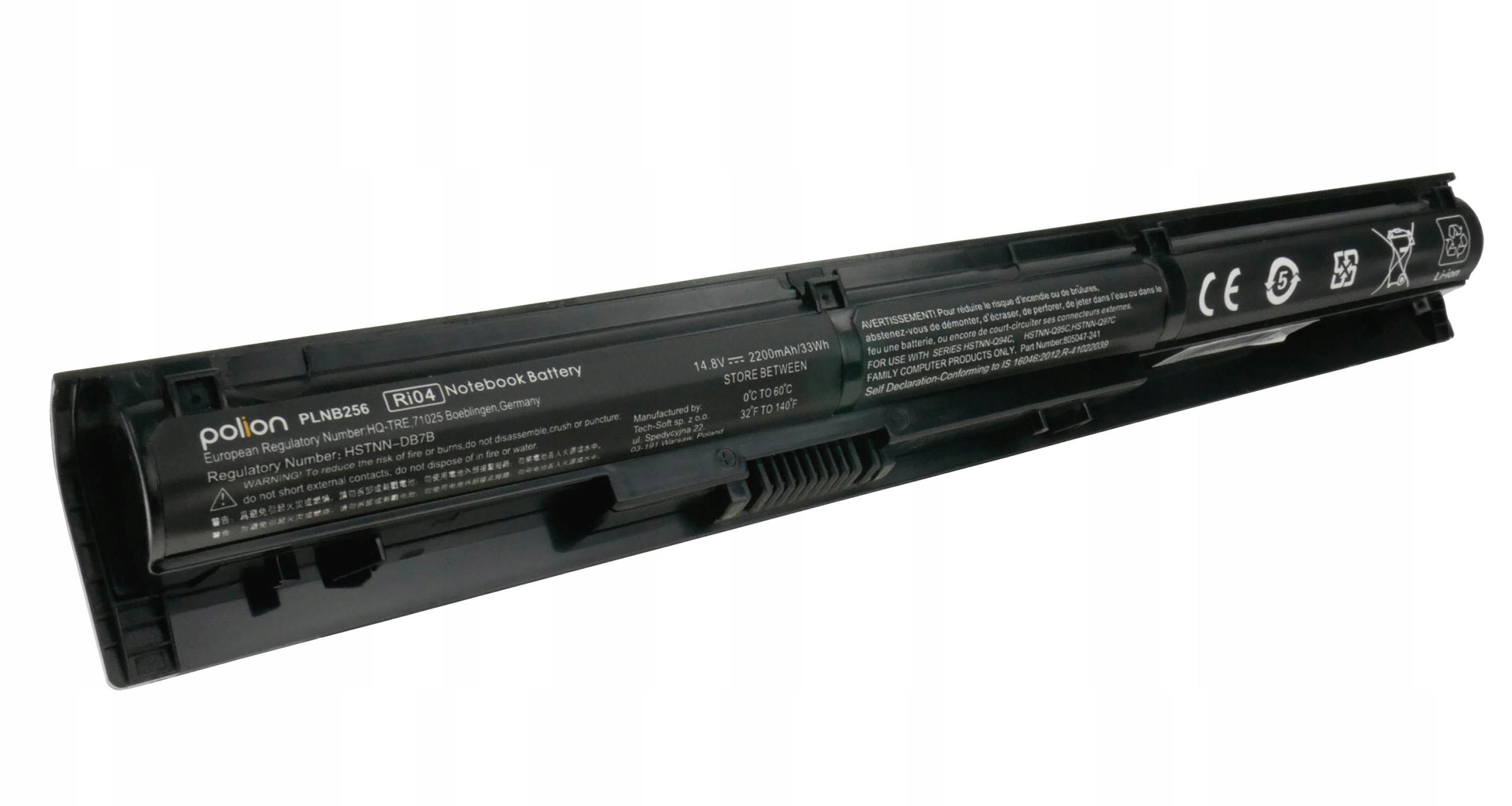 Czarna bateria do laptopa z białym napisem. Zawiera symbole CE i Li-ion.