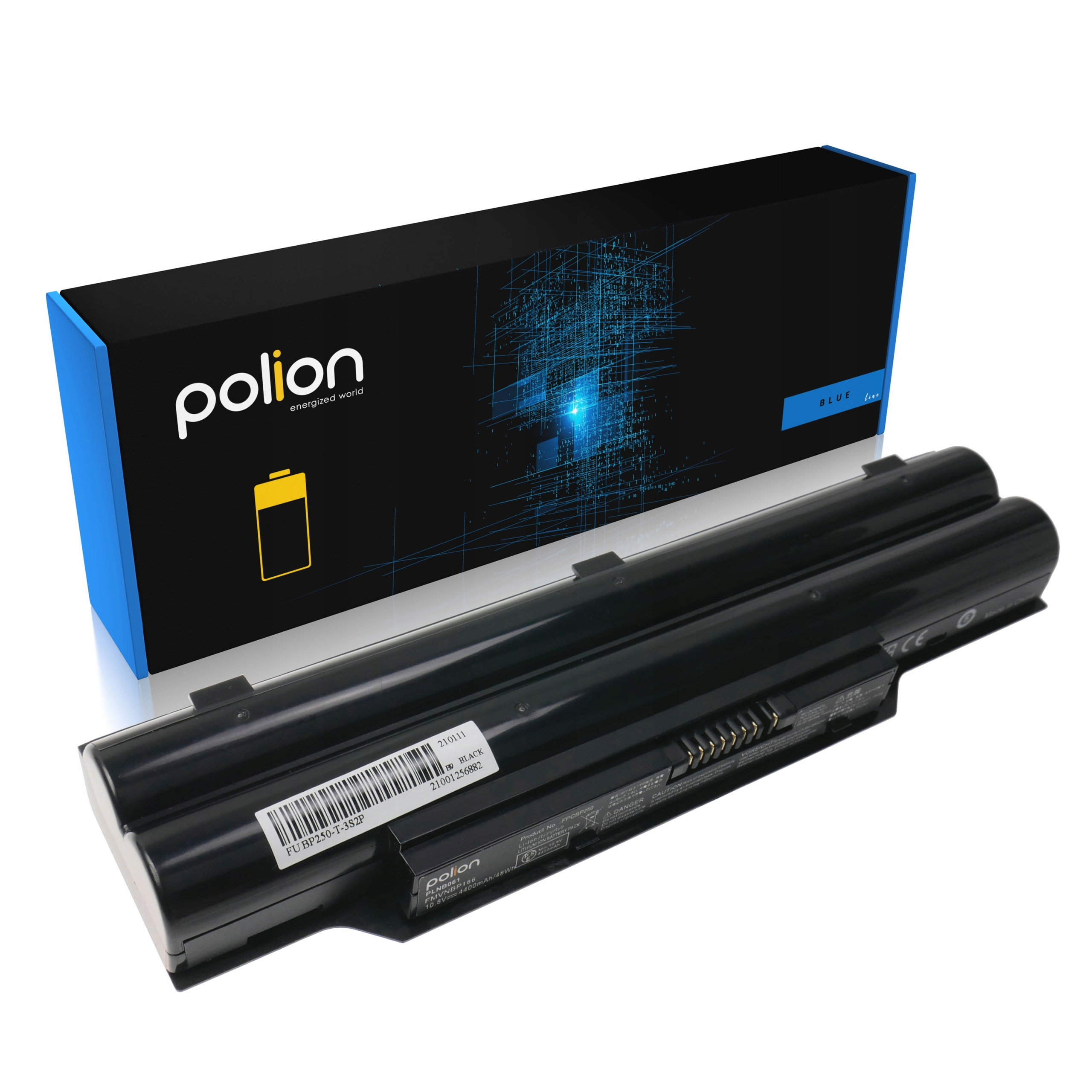 Czarna bateria do laptopa przed niebiesko-czarnym pudełkiem z logo Polion.