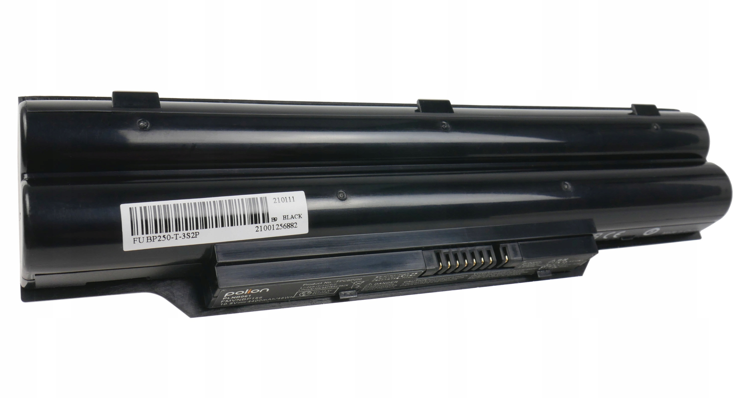 Czarna bateria do laptopa z etykietą: FU BP250-T-3S2P. Widoczne styki.