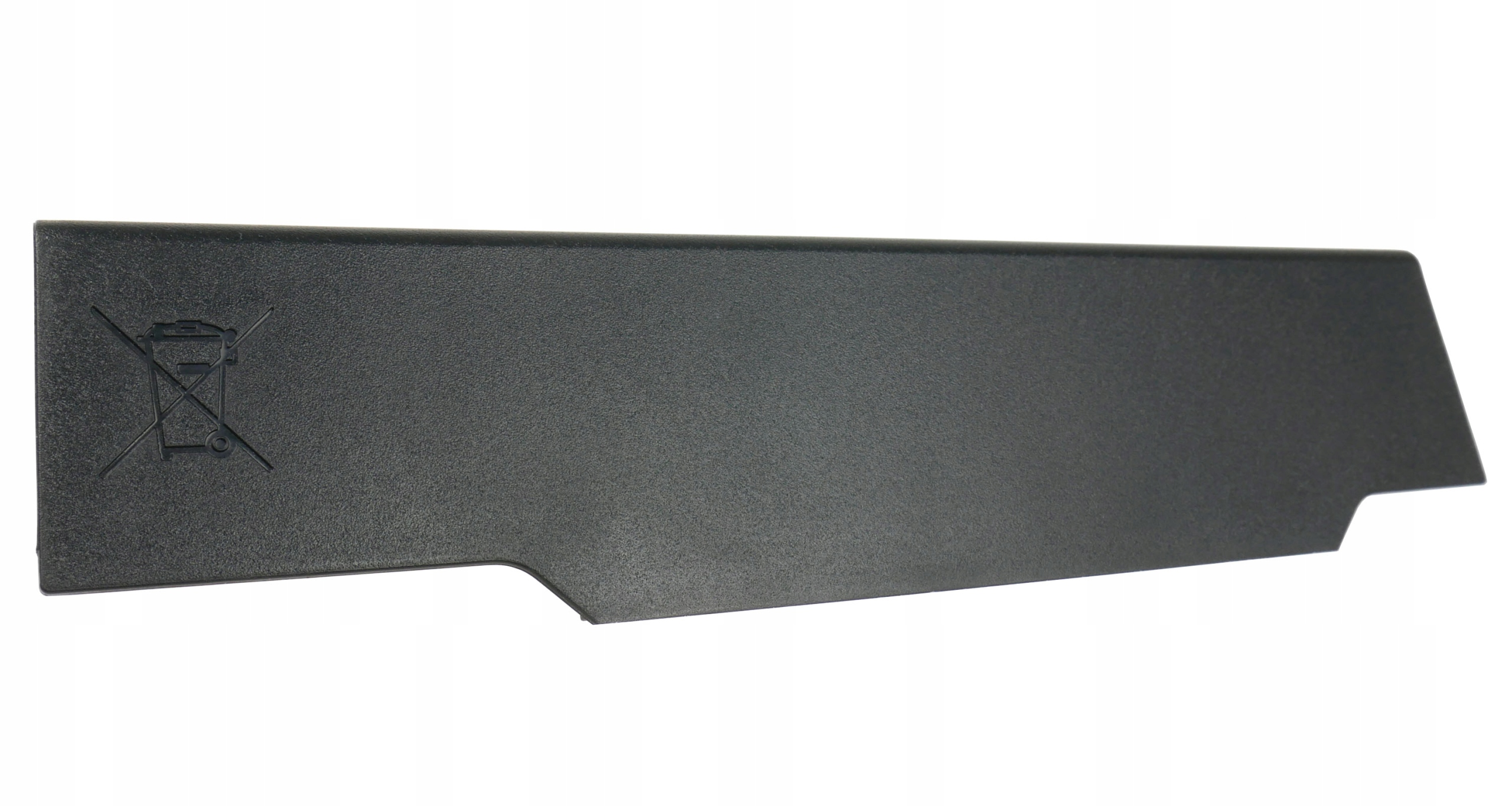 Czarna pokrywa baterii z symbolem utylizacji na białym tle.