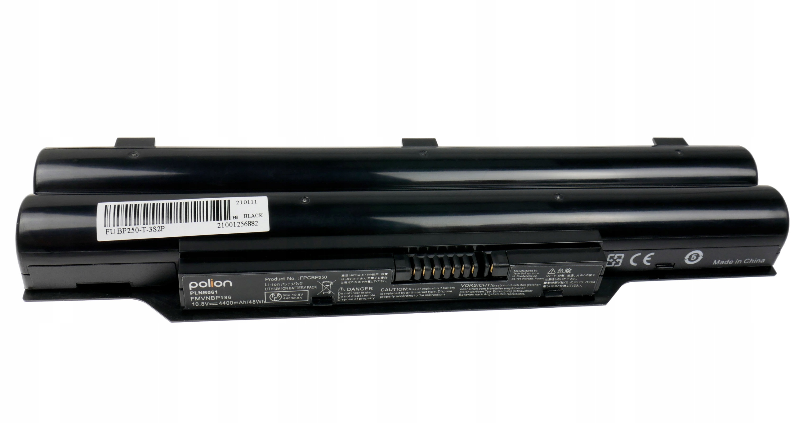Czarna bateria do laptopa z oznaczeniami 'polion', 'Made in China' i znakiem CE.
