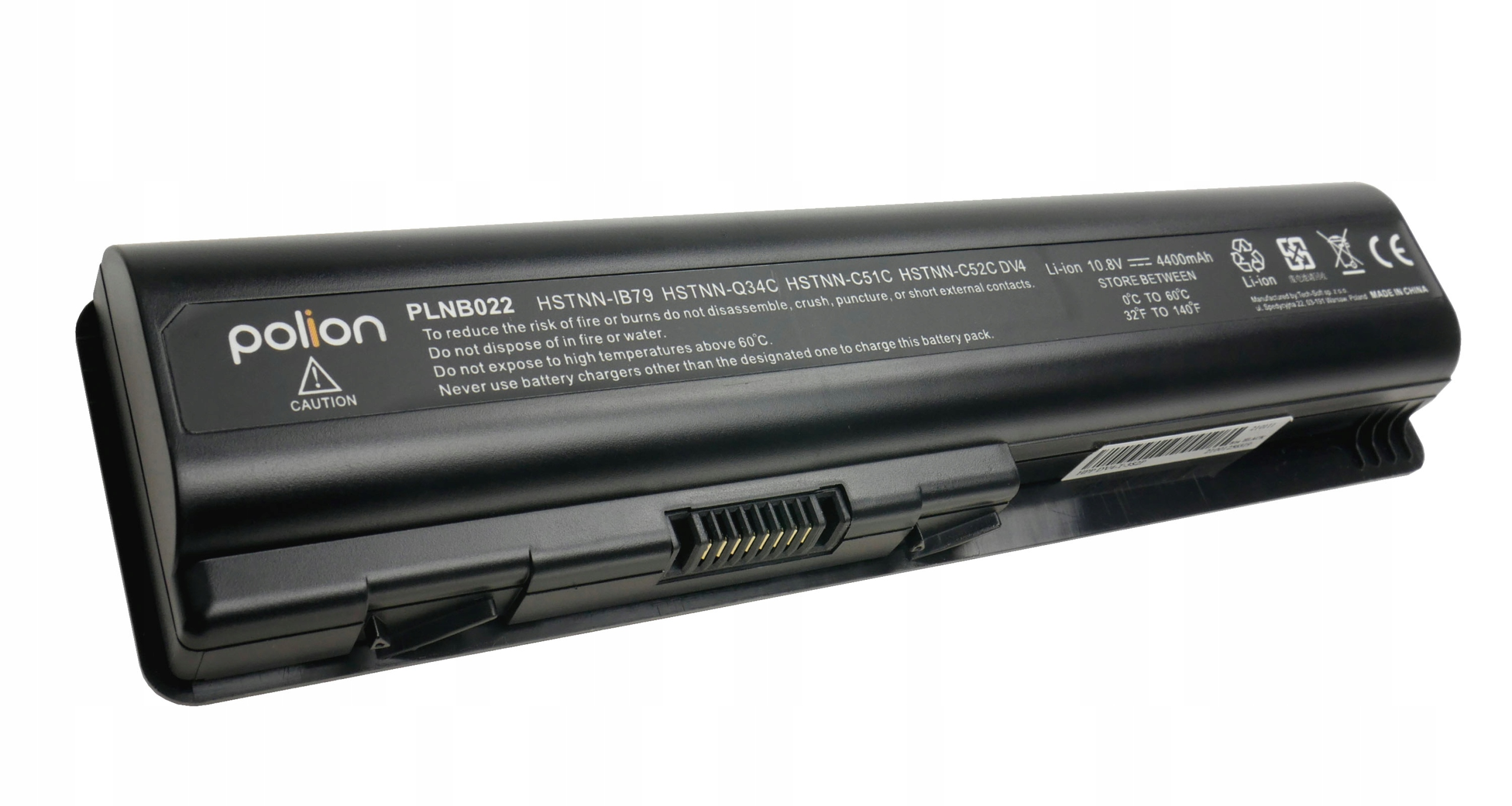 Czarna bateria do laptopa z napisami, symbolem ostrzeżenia i złączami.