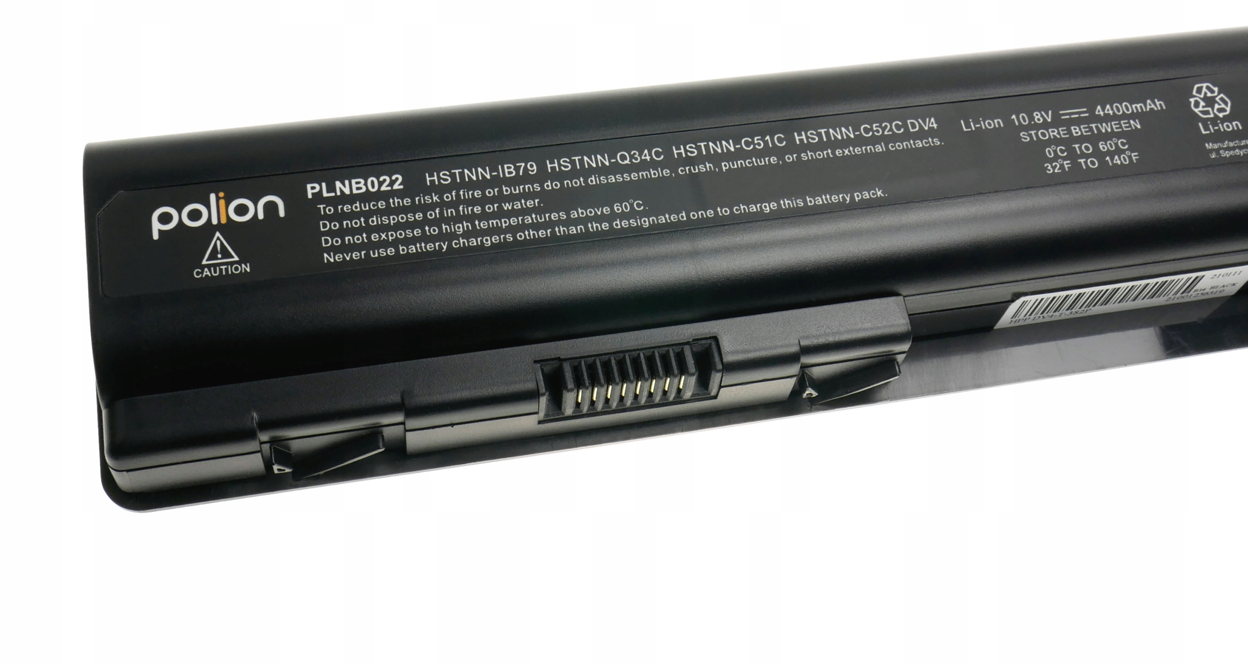 Czarna bateria Li-ion z logo Polion, ostrzeżeniami i danymi technicznymi.