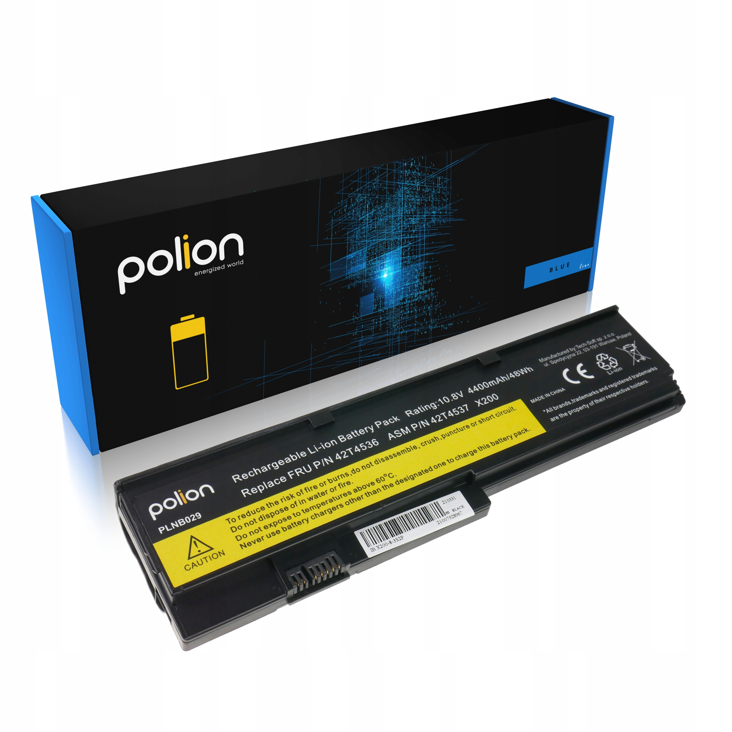 Czarna bateria do laptopa z logo Polion i etykietami ostrzegawczymi.
