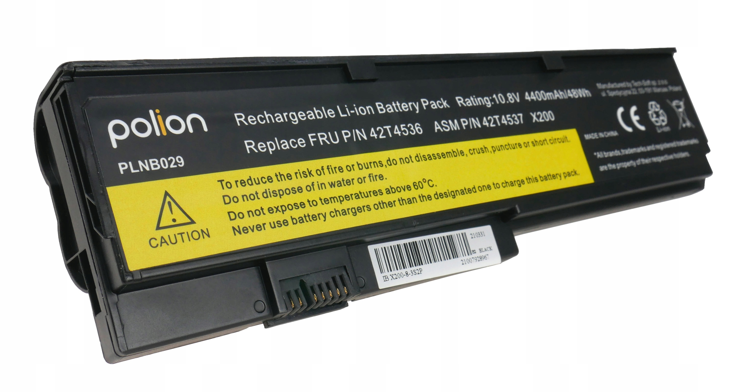 Czarna bateria do laptopa z etykietami ostrzegawczymi i danymi technicznymi.