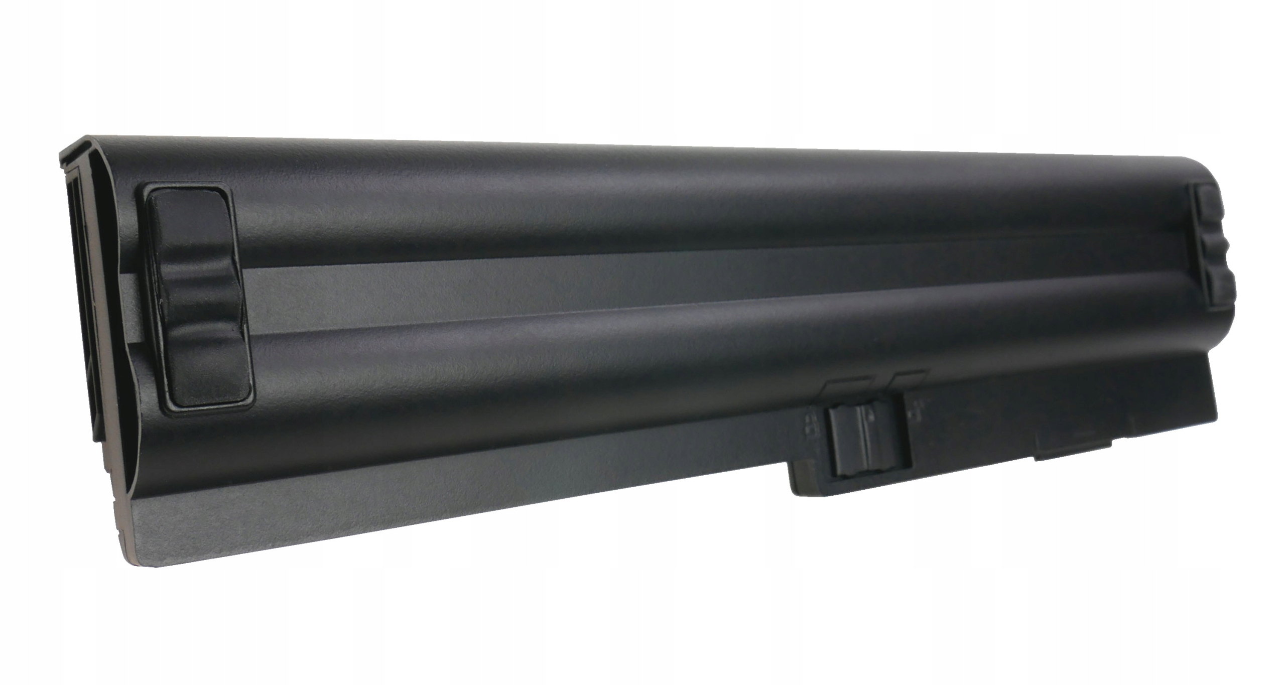 Czarna bateria do laptopa z mechanizmami blokującymi na białym tle.