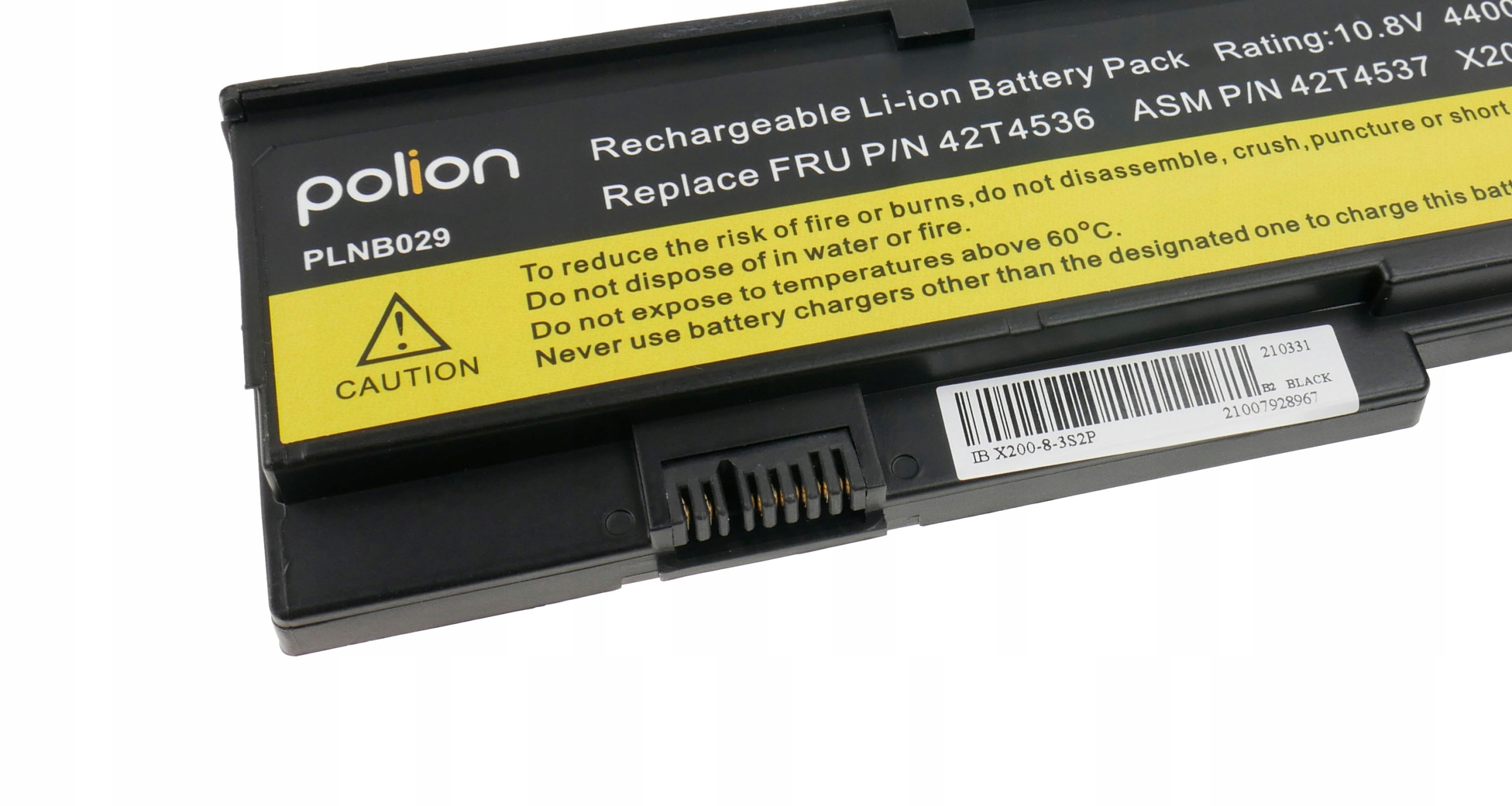 Czarna bateria litowo-jonowa z symbolem ostrzegawczym i tekstem.