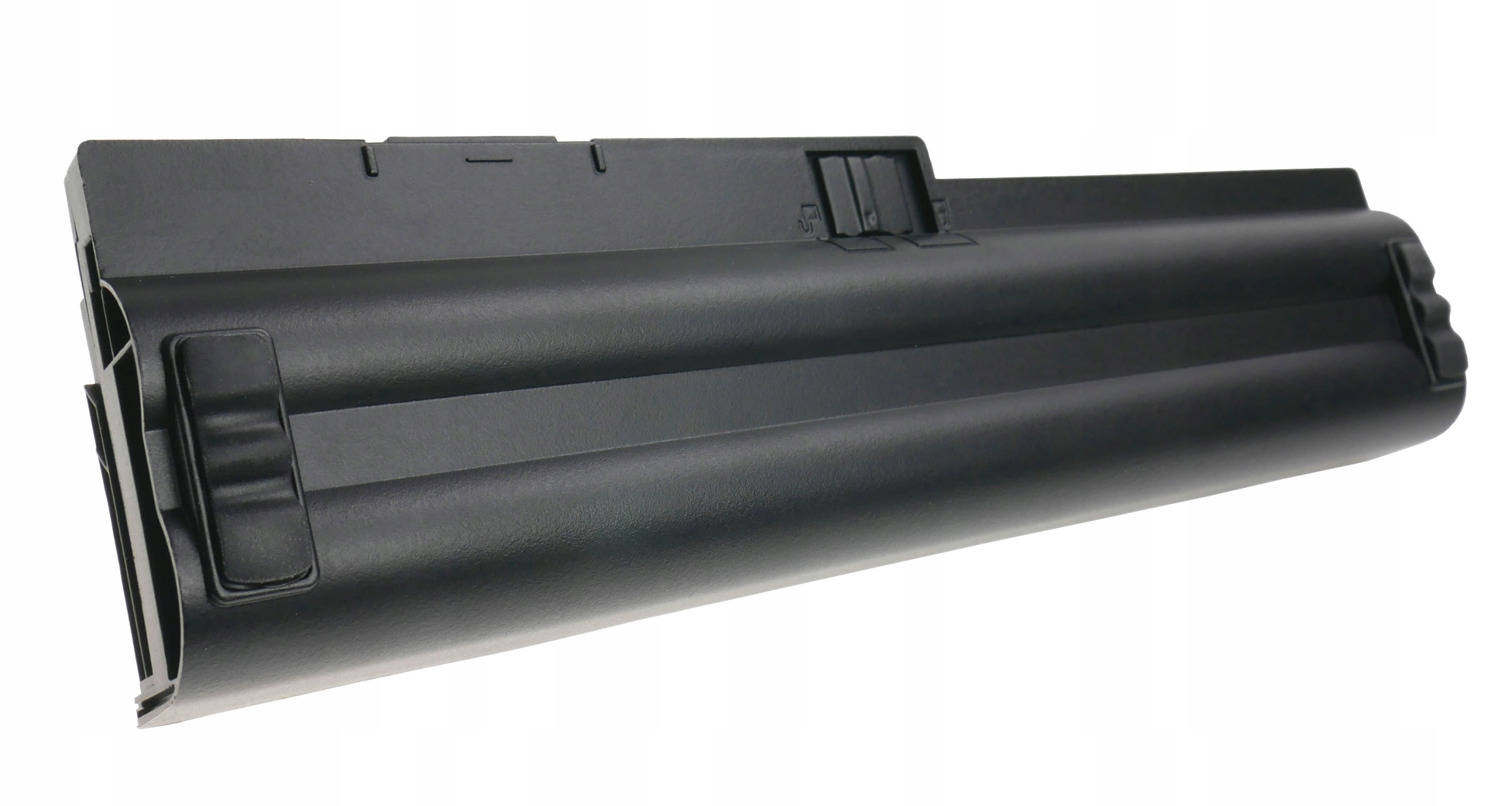 Czarna bateria do laptopa z żebrami i zatrzaskami.