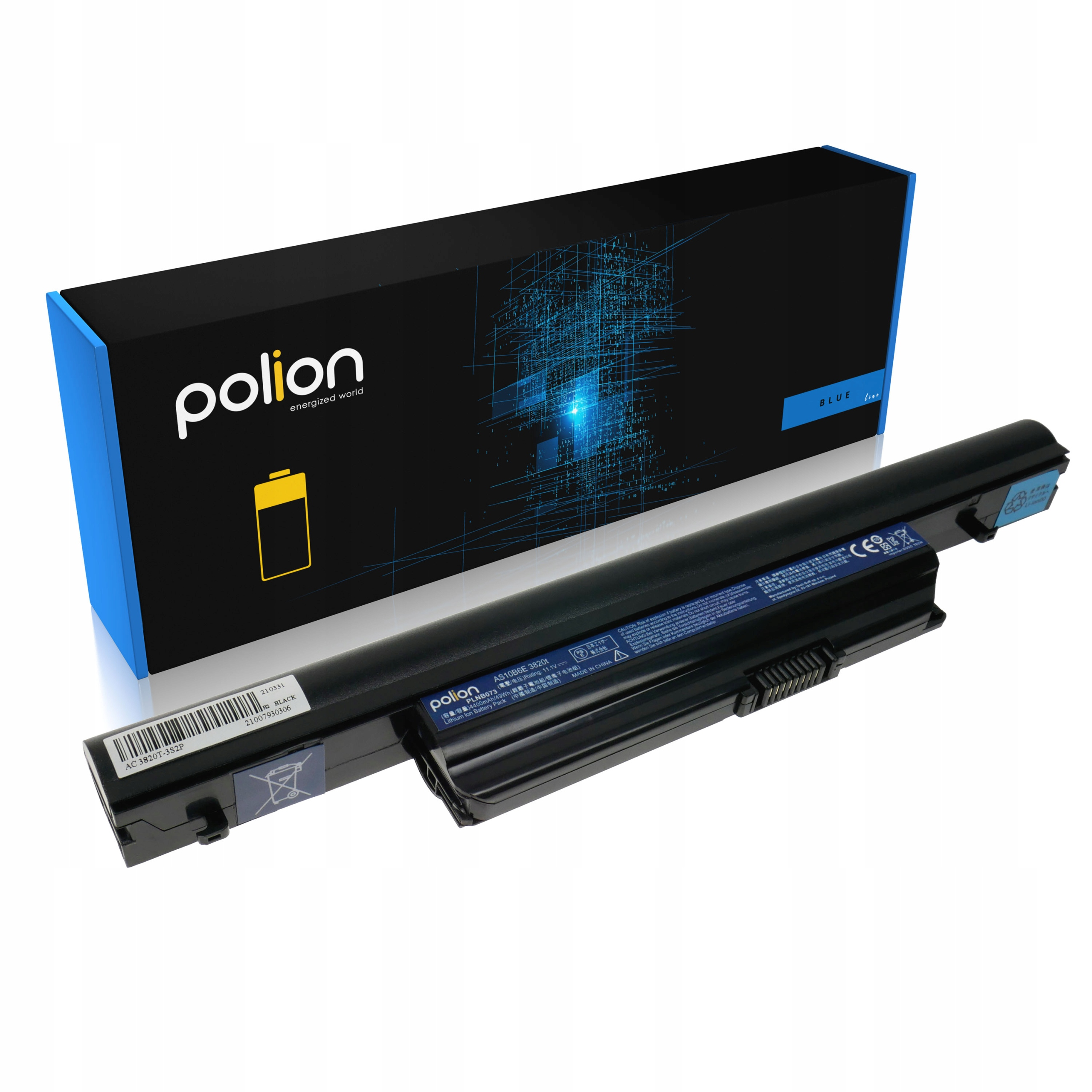 Czarna bateria do laptopa z logo Polion i opakowaniem obok.
