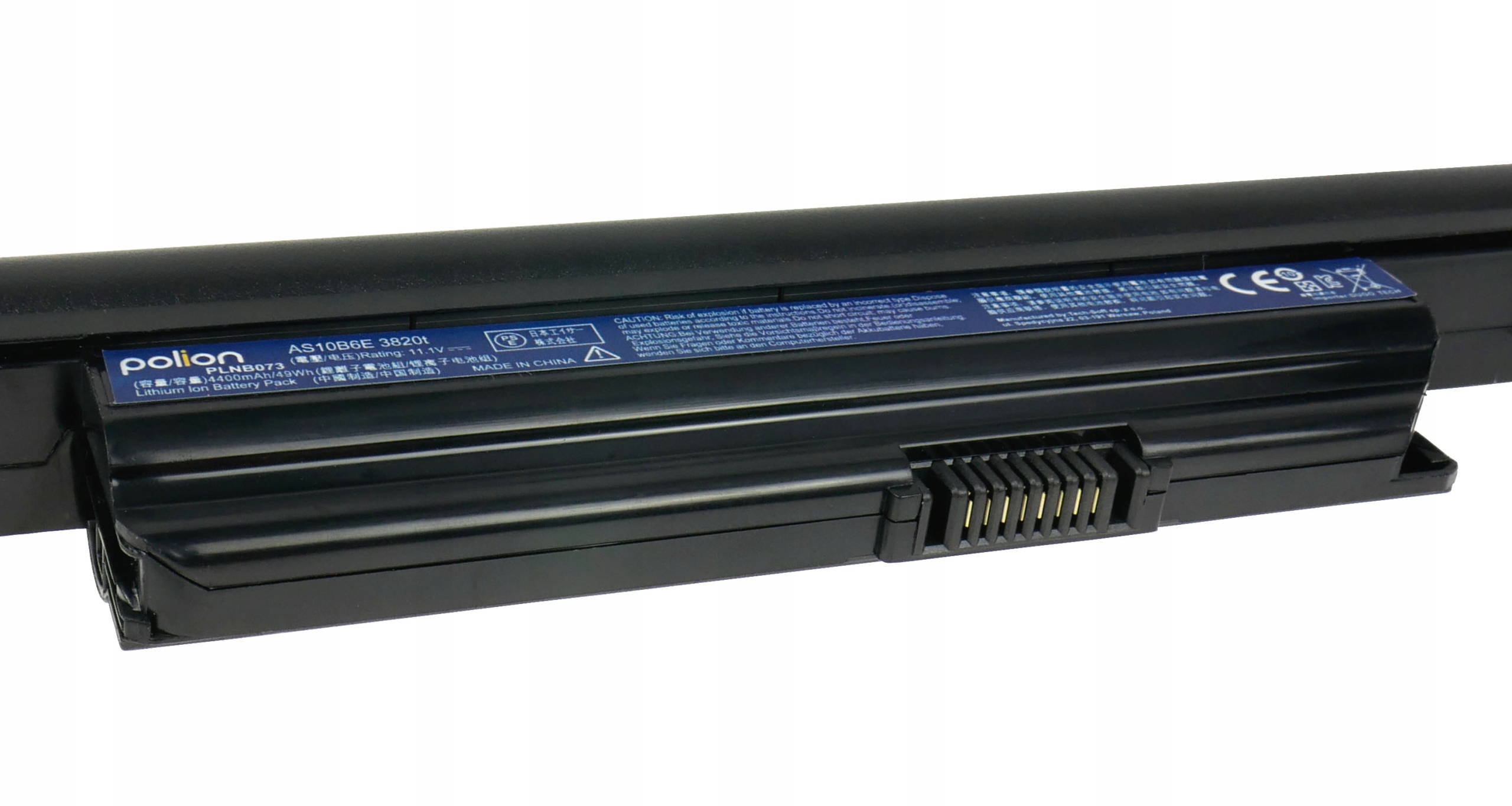 Czarny akumulator do laptopa z niebieską etykietą, symbolami CE i PS.