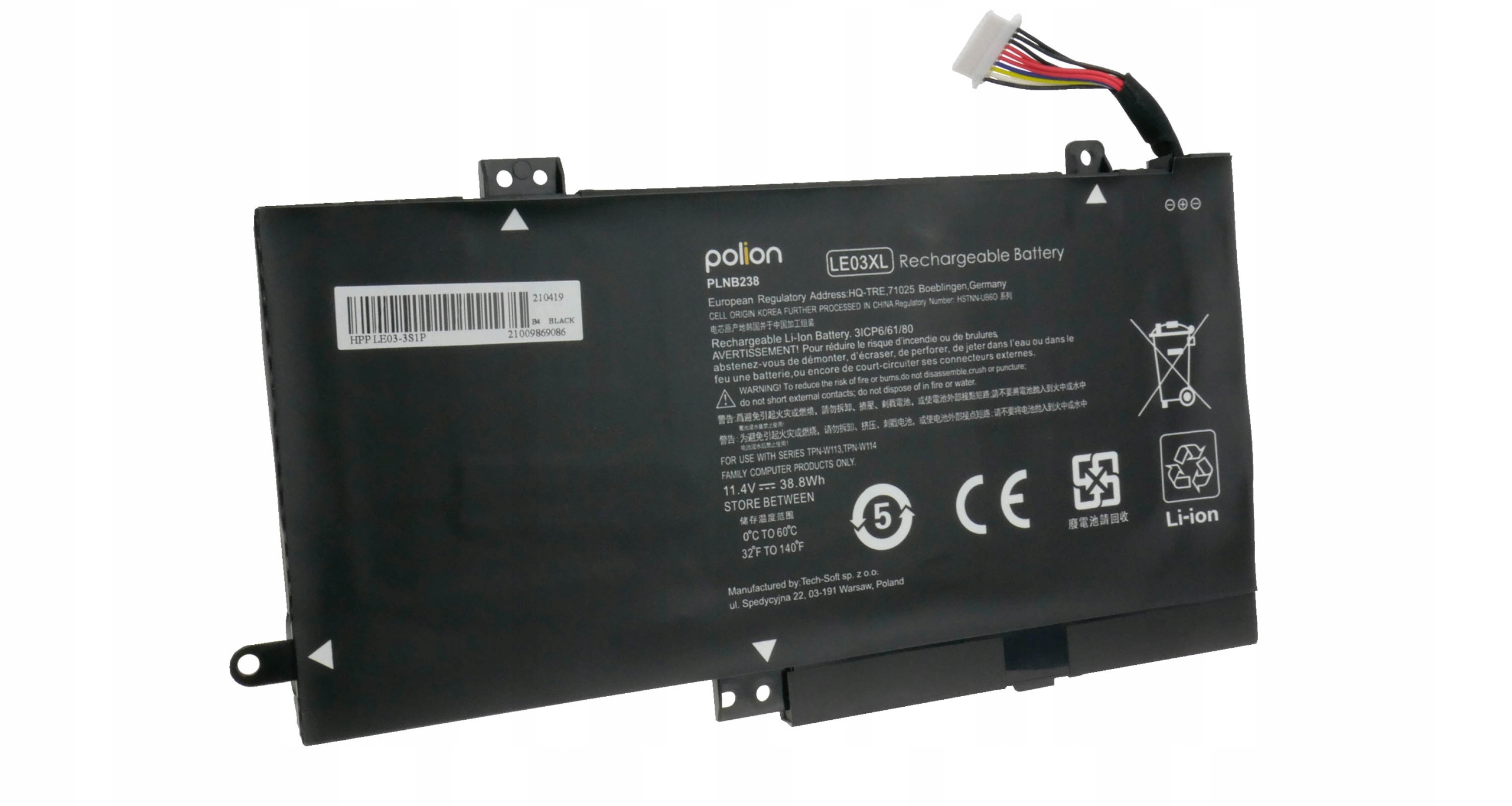 Czarna bateria do laptopa z kablem i etykietami. Bateria Li-Ion.